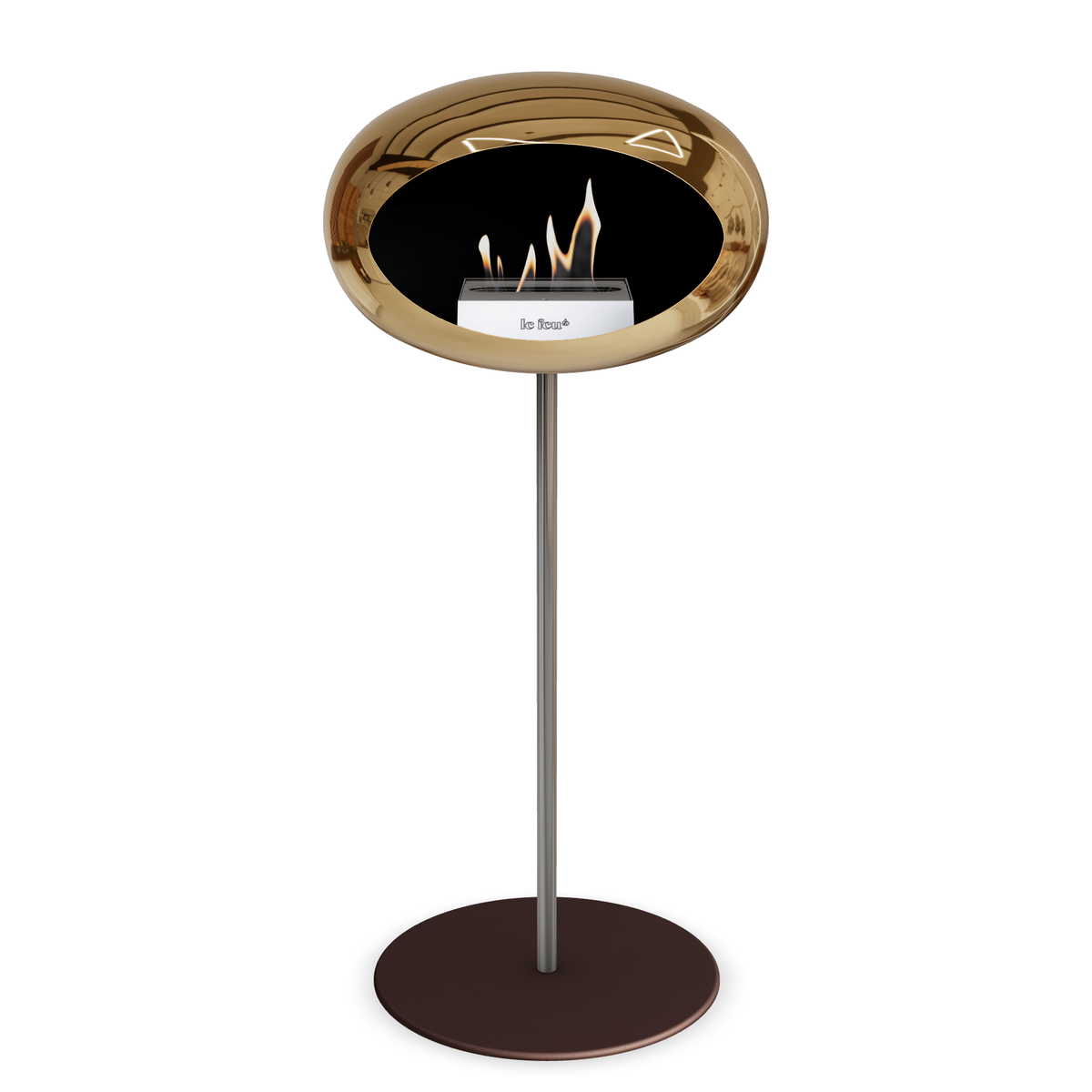Bioethanol Standkamin Le Feu GROUND STEEL HIGH freistehend 25 mm in Chrom Roségold mit Rohr Edelstahl, Brenner Edelstahl und Bodenplatte Mokka