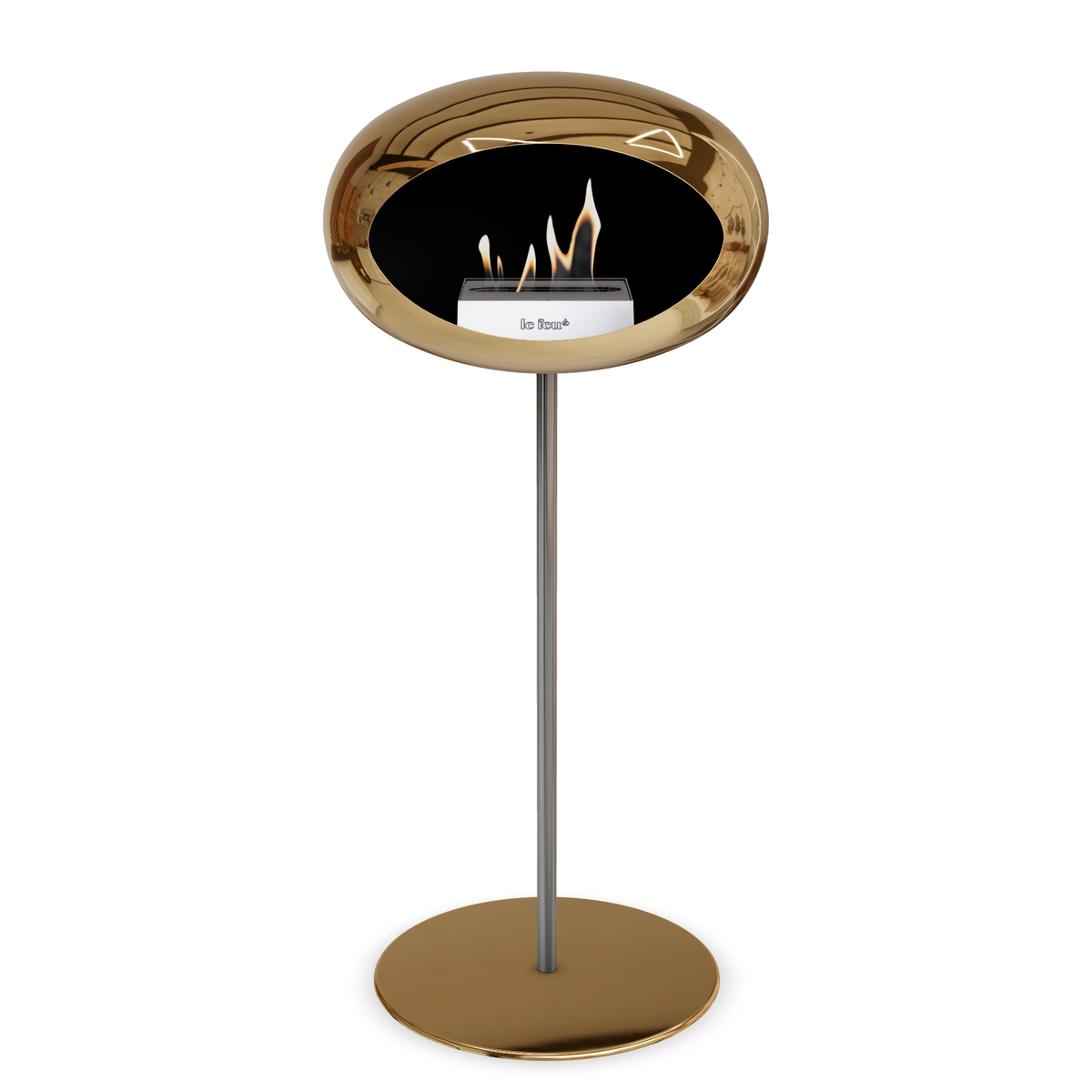 Bioethanol Standkamin Le Feu GROUND STEEL HIGH freistehend 25 mm in Chrom Roségold mit Rohr Edelstahl, Brenner Edelstahl und Bodenplatte Roségold