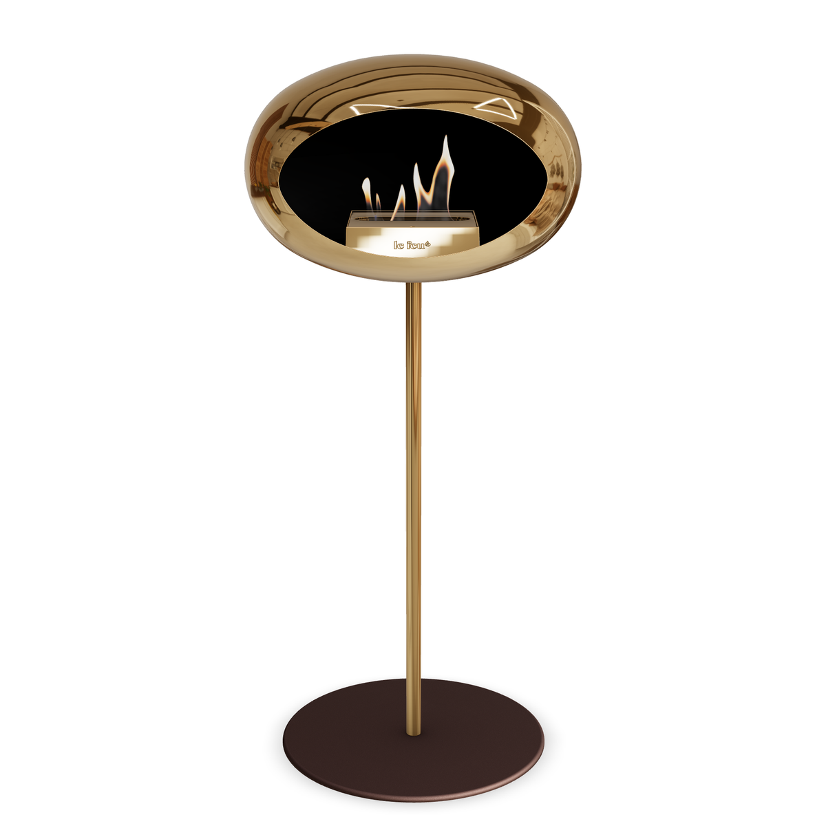 Bioethanol Standkamin Le Feu GROUND STEEL HIGH freistehend 25 mm in Chrom Roségold mit Rohr Roségold, Brenner Roségold und Bodenplatte Mokka