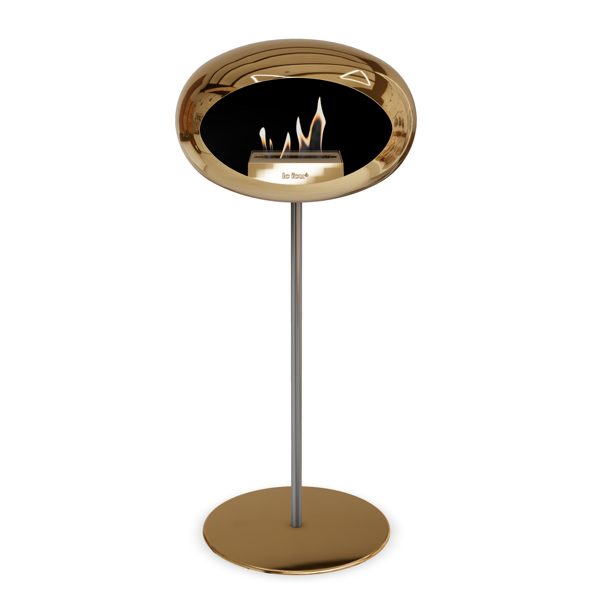 Bioethanol Standkamin Le Feu GROUND STEEL HIGH freistehend 25 mm in Chrom Roségold mit Rohr Edelstahl, Brenner Roségold und Bodenplatte Roségold