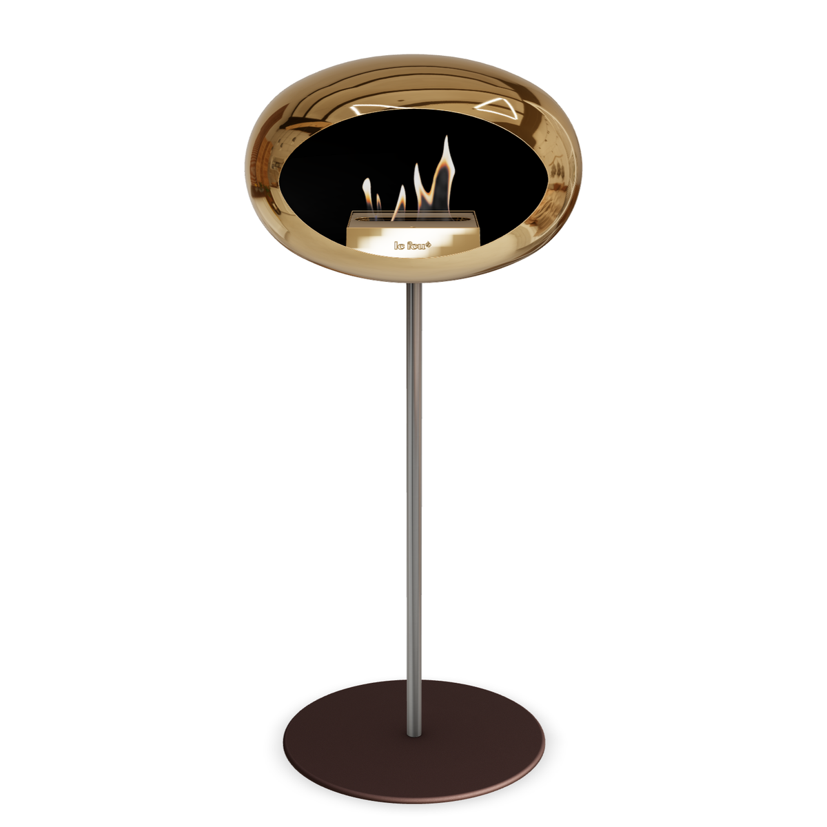 Bioethanol Standkamin Le Feu GROUND STEEL HIGH freistehend 25 mm in Chrom Roségold mit Rohr Edelstahl, Brenner Roségold und Bodenplatte Mokka