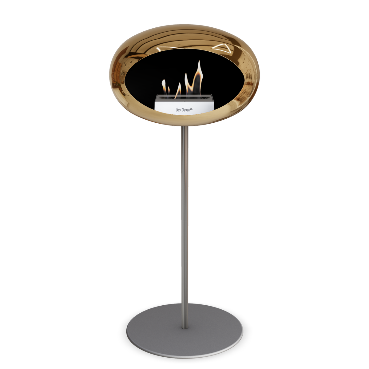 Bioethanol Standkamin Le Feu GROUND STEEL HIGH freistehend 25 mm in Chrom Roségold mit Rohr Edelstahl, Brenner Roségold und Bodenplatte Nickel