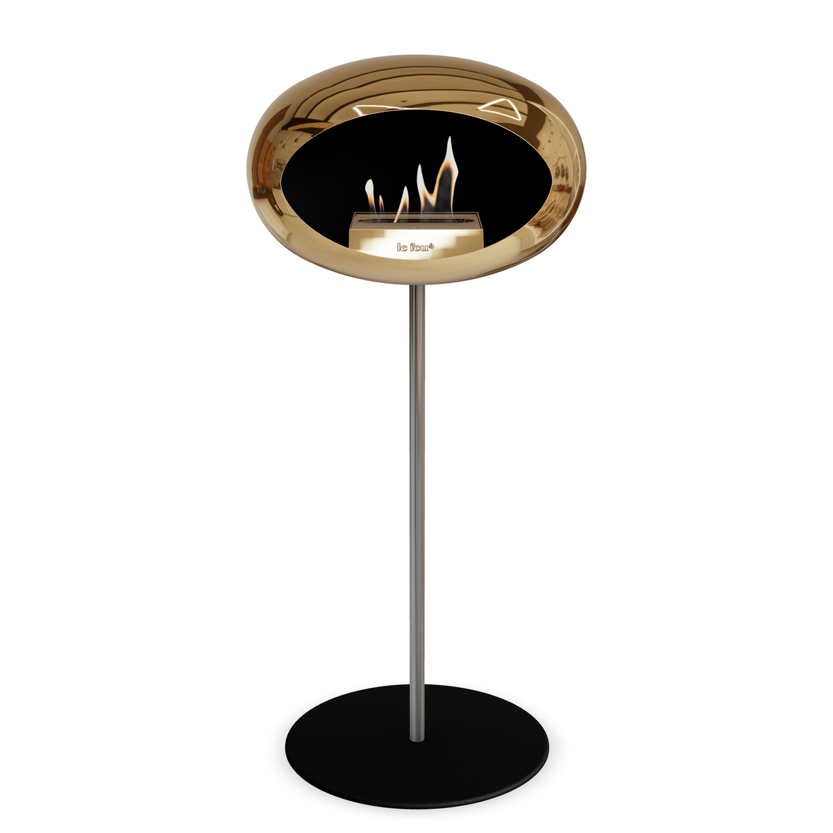 Bioethanol Standkamin Le Feu GROUND STEEL HIGH freistehend 25 mm in Chrom Roségold mit Rohr Edelstahl, Brenner Roségold und Bodenplatte Schwarz