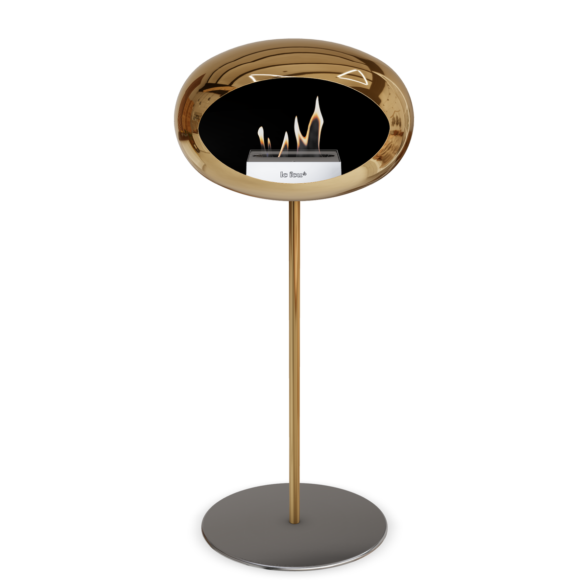 Bioethanol Standkamin Le Feu GROUND STEEL HIGH freistehend 25 mm in Chrom Roségold mit Rohr Roségold, Brenner Edelstahl und Bodenplatte Edelstahl