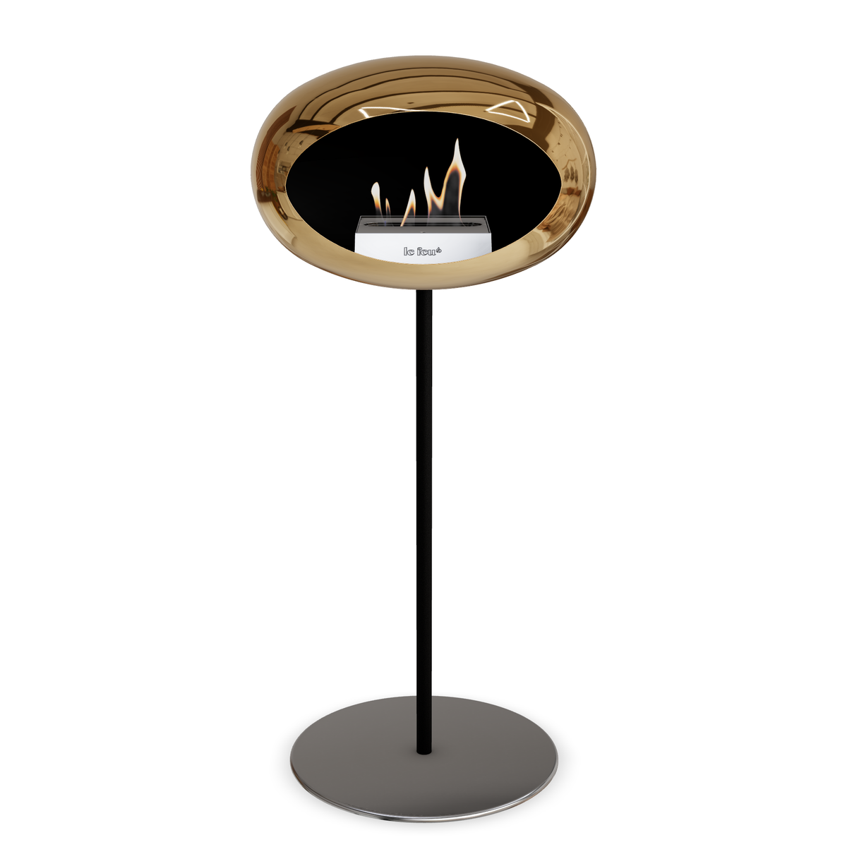 Bioethanol Standkamin Le Feu GROUND STEEL HIGH freistehend 25 mm in Chrom Roségold mit Rohr Schwarz, Brenner Edelstahl und Bodenplatte Edelstahl