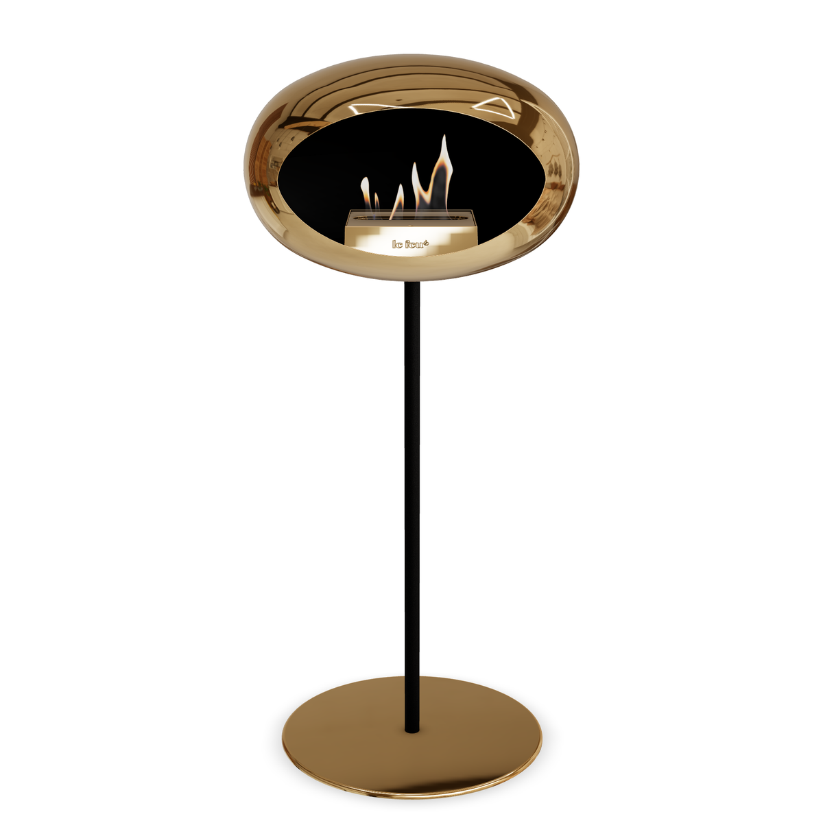 Bioethanol Standkamin Le Feu GROUND STEEL HIGH freistehend 25 mm in Chrom Roségold mit Rohr Schwarz, Brenner Roségold und Bodenplatte Roségold