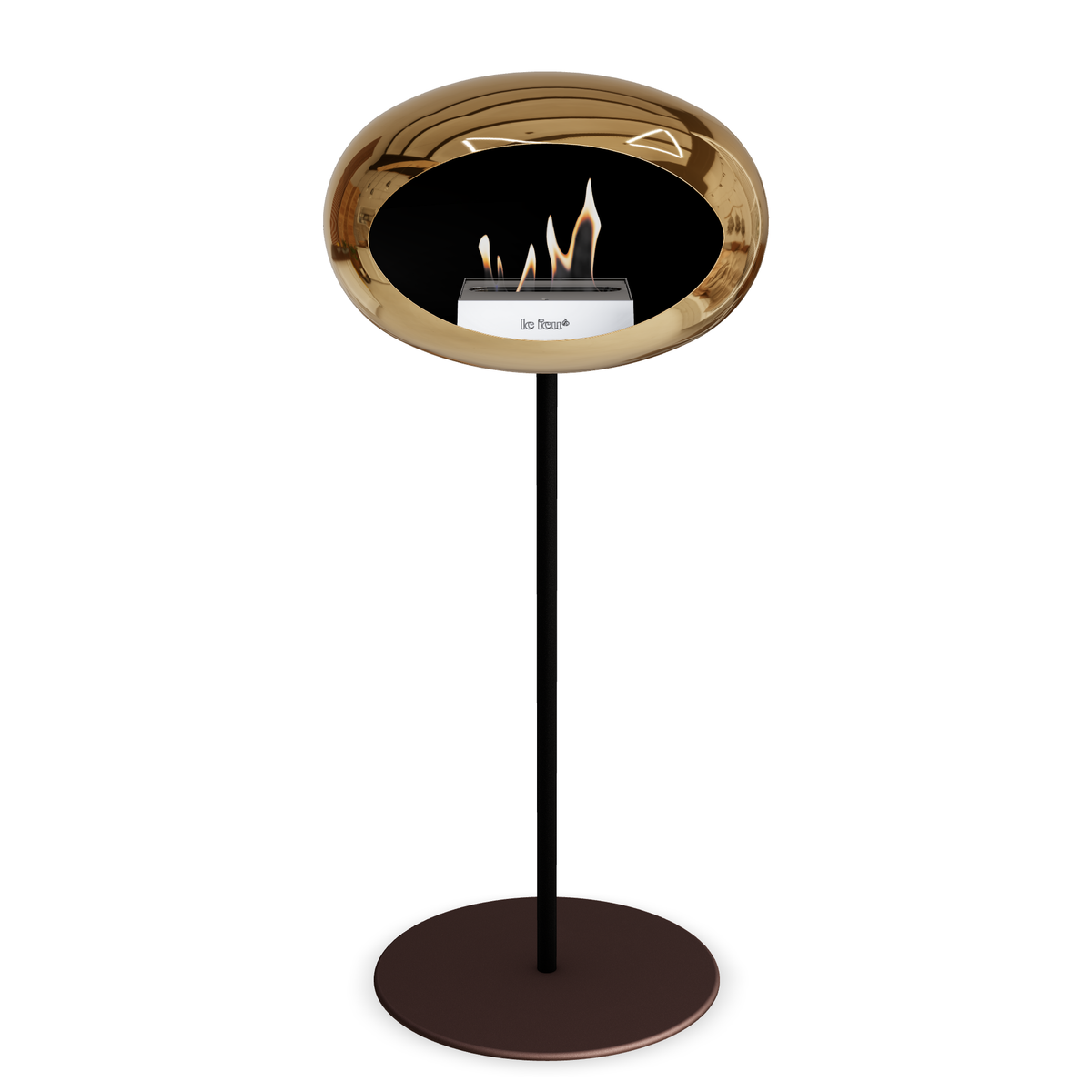 Bioethanol Standkamin Le Feu GROUND STEEL HIGH freistehend 25 mm in Chrom Roségold mit Rohr Schwarz, Brenner Edelstahl und Bodenplatte Mokka