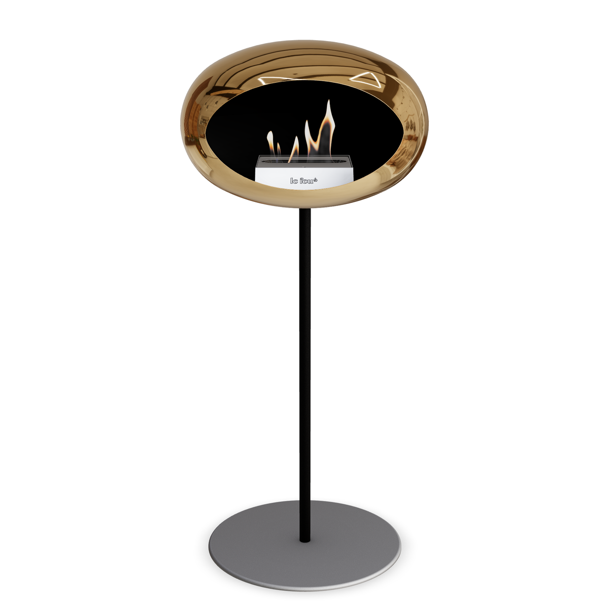 Bioethanol Standkamin Le Feu GROUND STEEL HIGH freistehend 25 mm in Chrom Roségold mit Rohr Schwarz, Brenner Edelstahl und Bodenplatte Nickel
