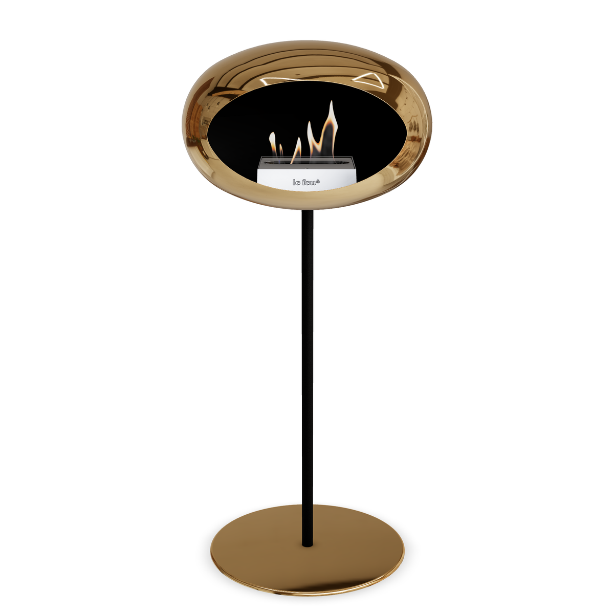 Bioethanol Standkamin Le Feu GROUND STEEL HIGH freistehend 25 mm in Chrom Roségold mit Rohr Schwarz, Brenner Edelstahl und Bodenplatte Roségold
