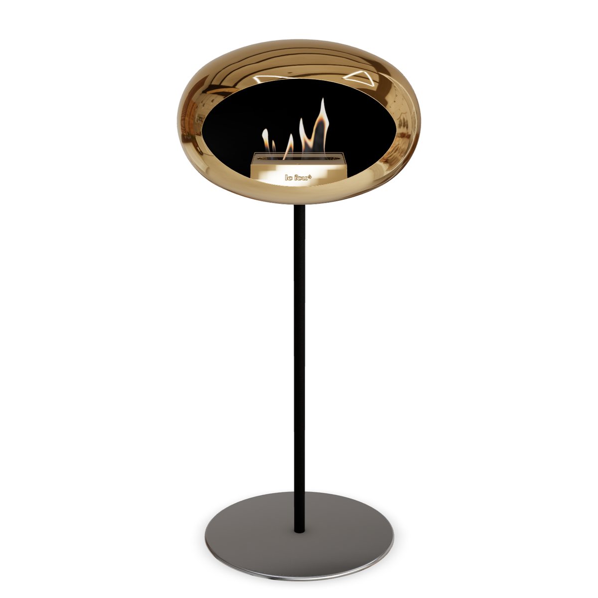 Bioethanol Standkamin Le Feu GROUND STEEL HIGH freistehend 25 mm in Chrom Roségold mit Rohr Schwarz, Brenner Roségold und Bodenplatte Edelstahl