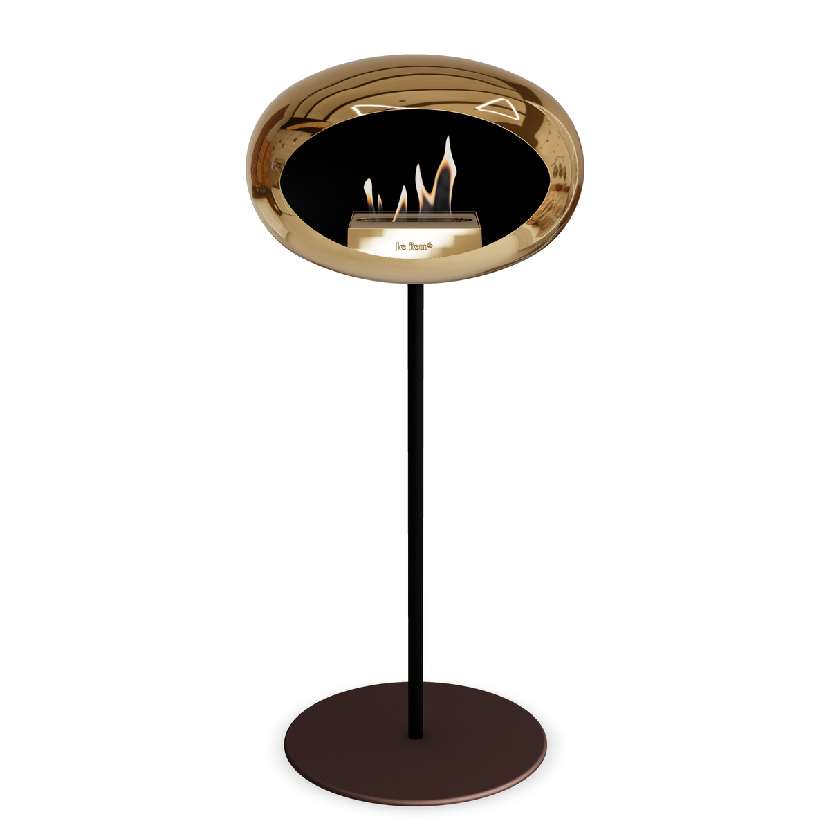 Bioethanol Standkamin Le Feu GROUND STEEL HIGH freistehend 25 mm in Chrom Roségold mit Rohr Schwarz, Brenner Roségold und Bodenplatte Mokka
