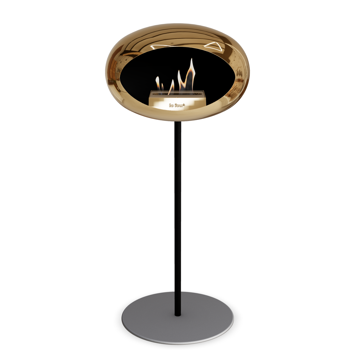 Bioethanol Standkamin Le Feu GROUND STEEL HIGH freistehend 25 mm in Chrom Roségold mit Rohr Schwarz, Brenner Roségold und Bodenplatte Nickel