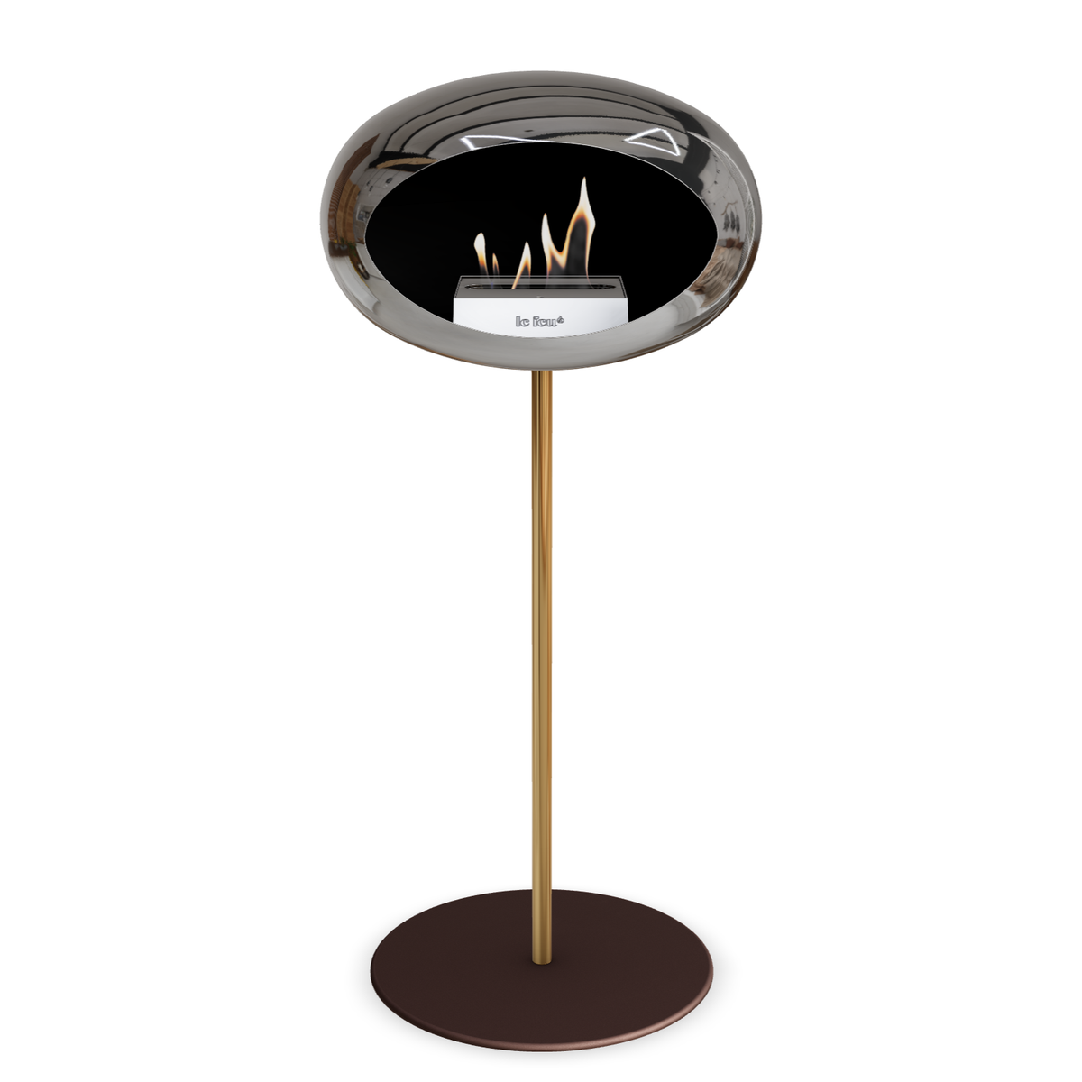 Bioethanol Standkamin Le Feu GROUND STEEL HIGH freistehend 25 mm in Chrom Silber mit Rohr Roségold, Brenner Roségold und Bodenplatte Mokka