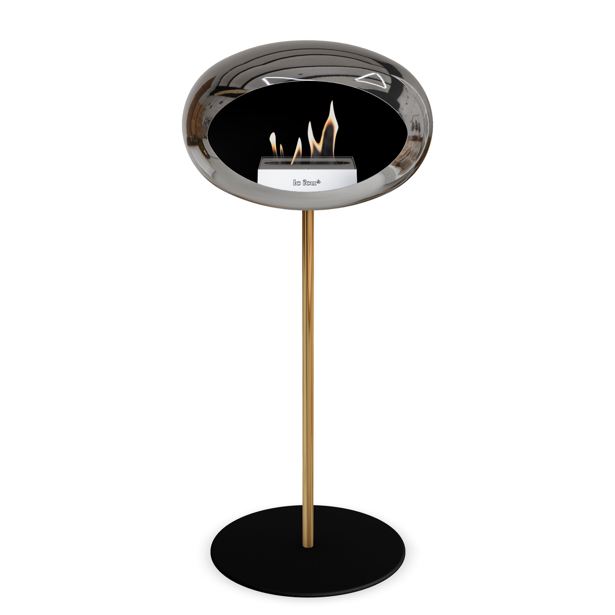 Bioethanol Standkamin Le Feu GROUND STEEL HIGH freistehend 25 mm in Chrom Silber mit Rohr Roségold, Brenner Roségold und Bodenplatte Schwarz