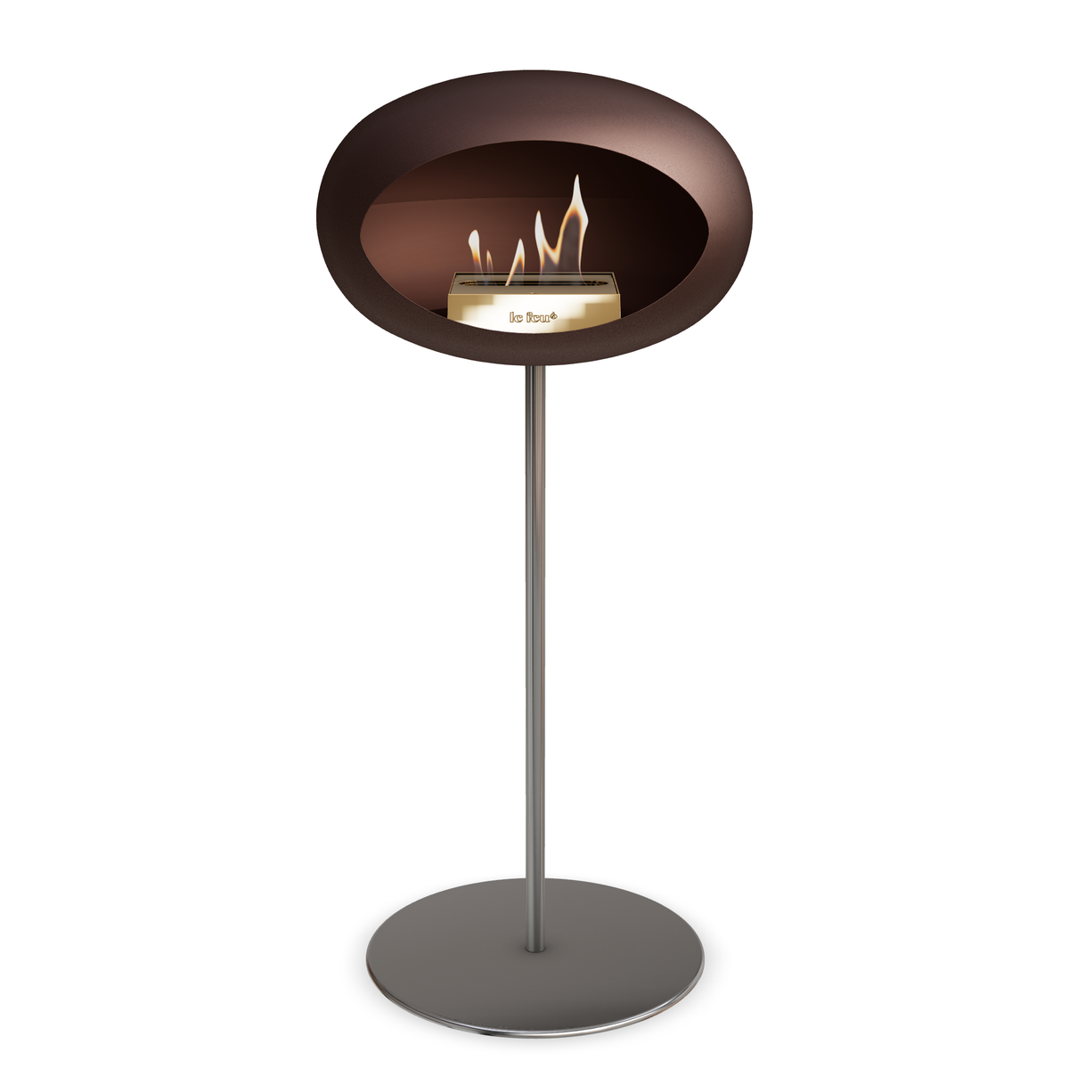 Bioethanol Standkamin Le Feu GROUND STEEL HIGH freistehend 25 mm in Mokka mit Rohr Edelstahl, Brenner Roségold und Bodenplatte Edelstahl
