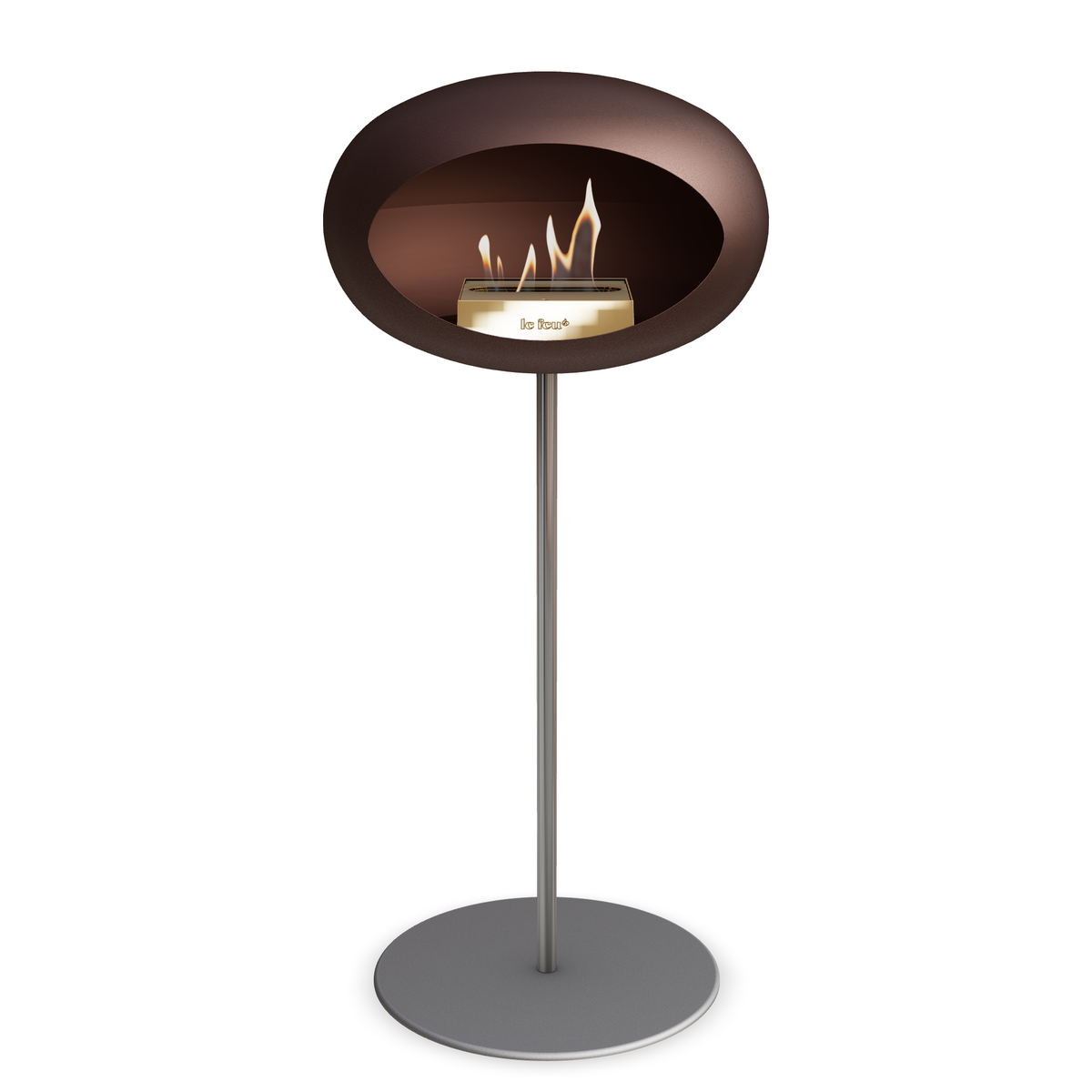 Bioethanol Standkamin Le Feu GROUND STEEL HIGH freistehend 25 mm in Mokka mit Rohr Edelstahl, Brenner Roségold und Bodenplatte Nickel