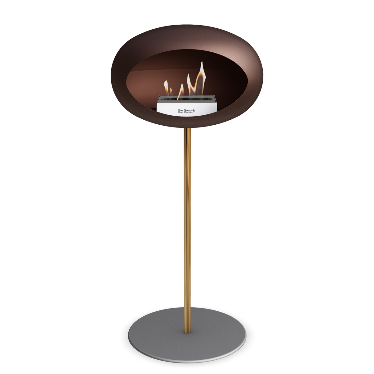 Bioethanol Standkamin Le Feu GROUND STEEL HIGH freistehend 25 mm in Mokka mit Rohr Roségold, Brenner Edelstahl und Bodenplatte Nickel
