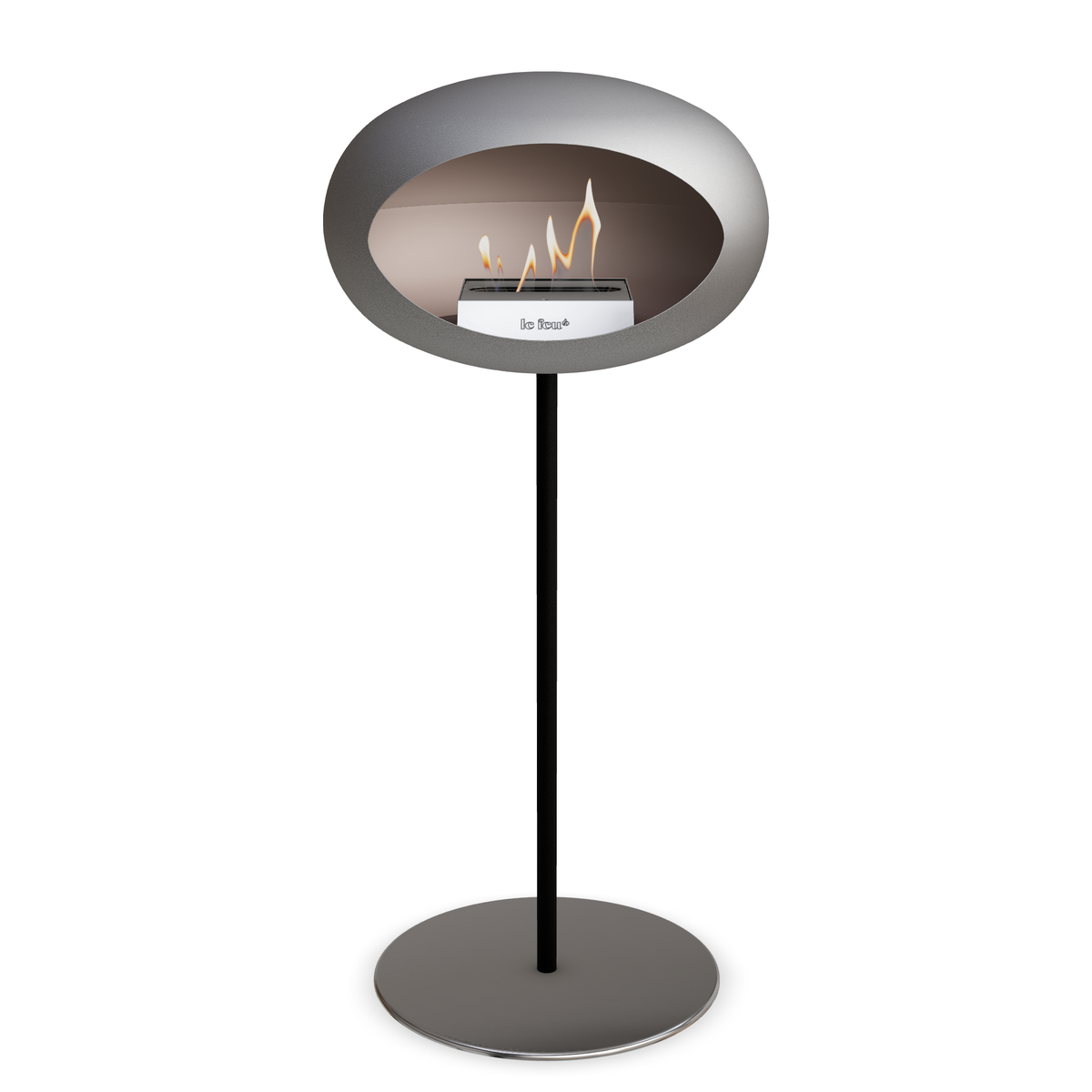 Bioethanol Standkamin Le Feu GROUND STEEL HIGH freistehend 25 mm in Nickel mit Rohr Schwarz, Brenner Edelstahl und Bodenplatte Edelstahl