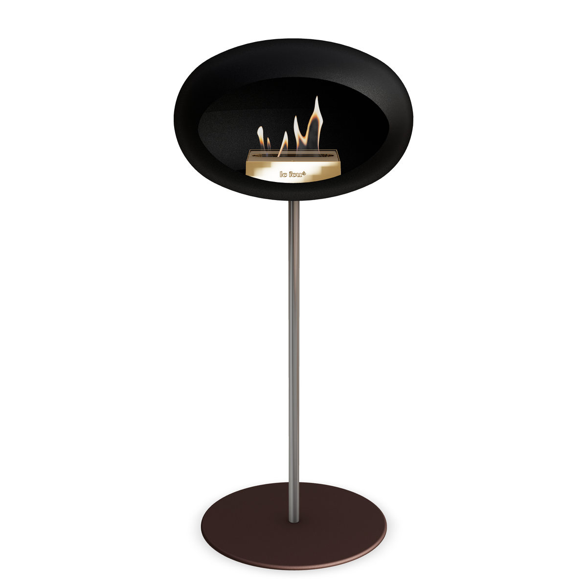 Bioethanol Standkamin Le Feu GROUND STEEL HIGH freistehend 25 mm in Schwarz mit Rohr Edelstahl, Brenner Roségold und Bodenplatte Mokka