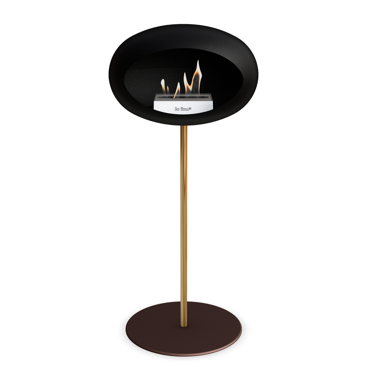 Bioethanol Standkamin Le Feu GROUND STEEL HIGH freistehend 25 mm in Schwarz mit Rohr Roségold, Brenner Edelstahl und Bodenplatte Mokka
