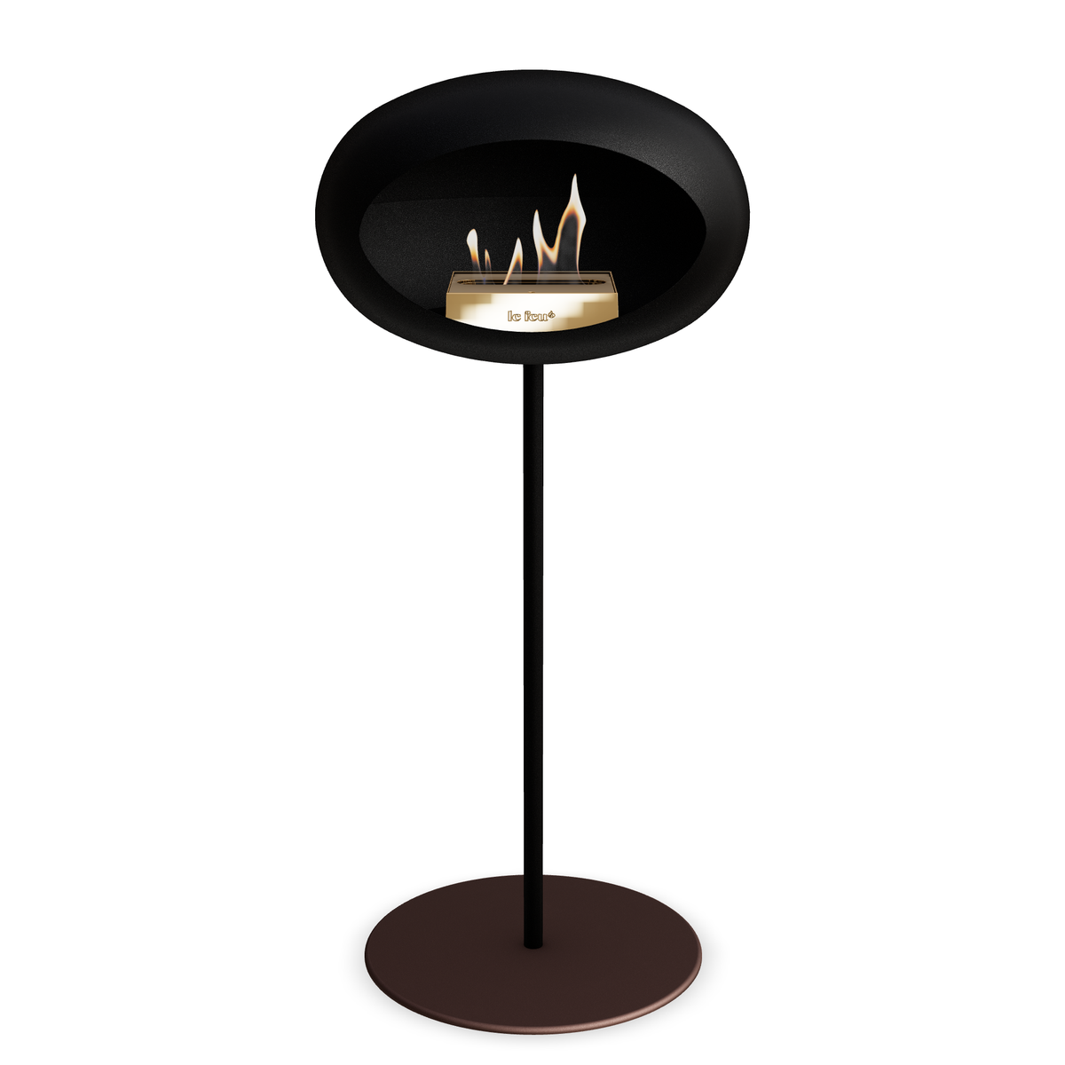 Bioethanol Standkamin Le Feu GROUND STEEL HIGH freistehend 25 mm in Schwarz mit Rohr Schwarz, Brenner Roségold und Bodenplatte Mokka