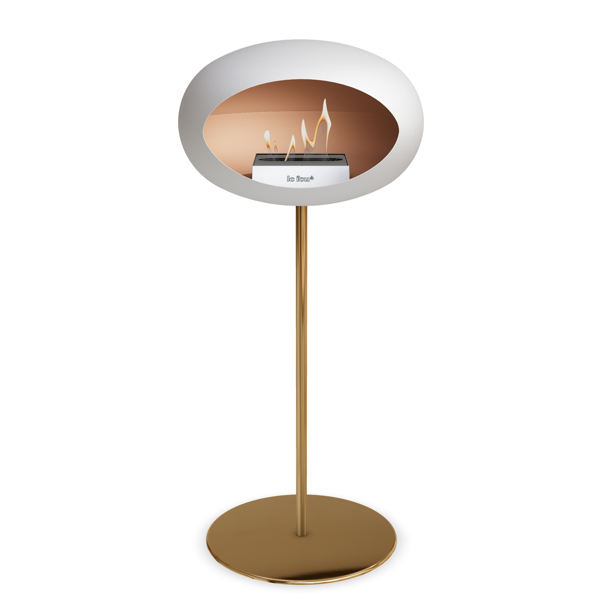 Bioethanol Standkamin Le Feu GROUND STEEL HIGH freistehend 25 mm in Weiss mit Rohr Roségold, Brenner Edelstahl und Bodenplatte Roségold