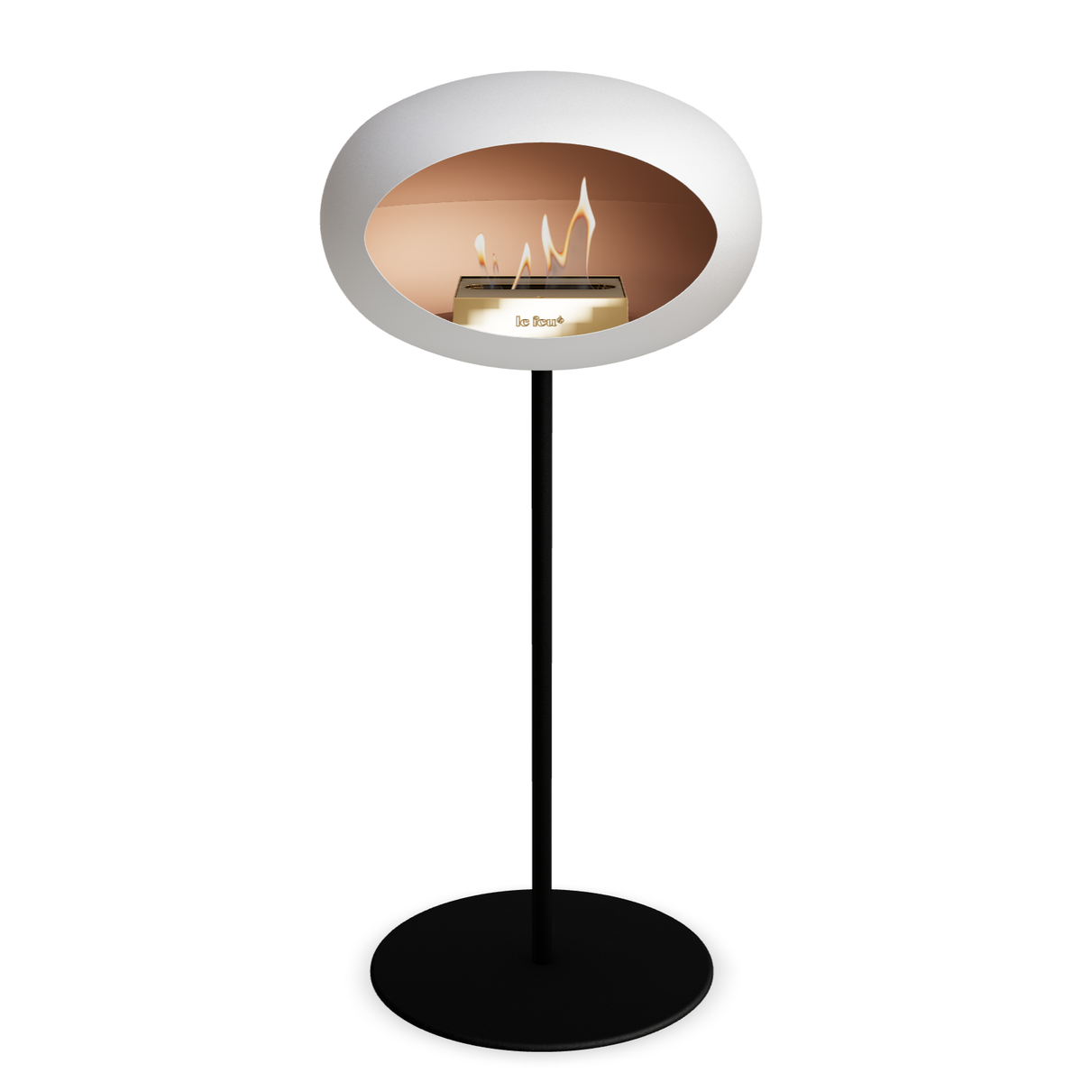 Bioethanol Standkamin Le Feu GROUND STEEL HIGH freistehend 25 mm in Weiss mit Rohr Schwarz, Brenner Roségold und Bodenplatte Schwarz