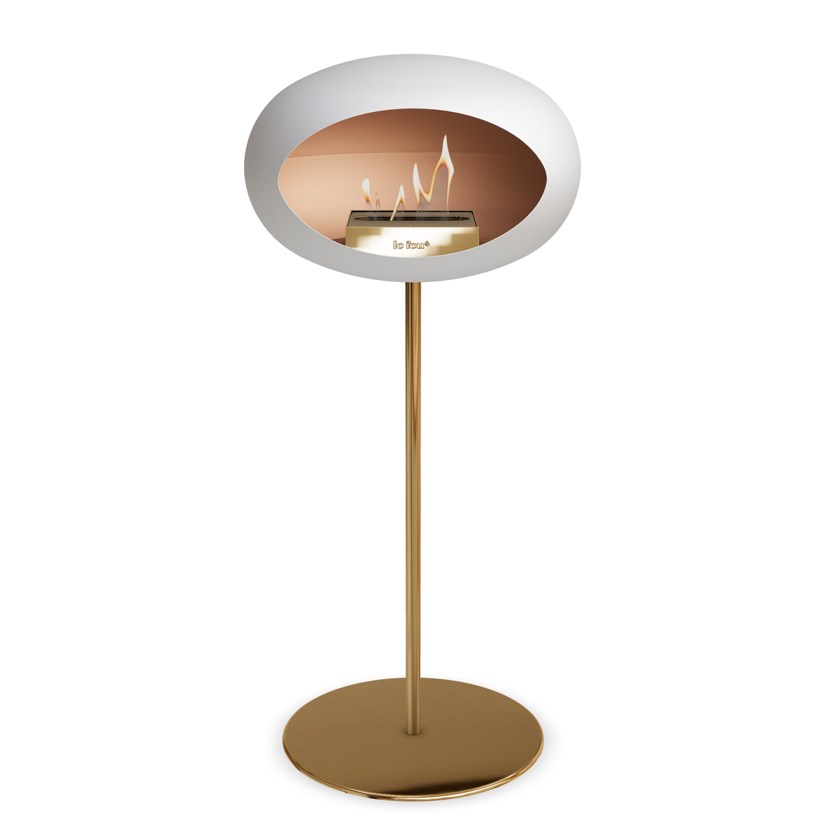 Bioethanol Standkamin Le Feu GROUND STEEL HIGH freistehend 25 mm in Weiss mit Rohr Roségold, Brenner Roségold und Bodenplatte Roségold