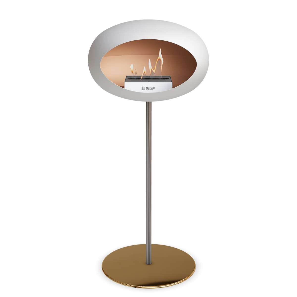 Bioethanol Standkamin Le Feu GROUND STEEL HIGH freistehend 25 mm in Weiss mit Rohr Edelstahl, Brenner Edelstahl und Bodenplatte Roségold