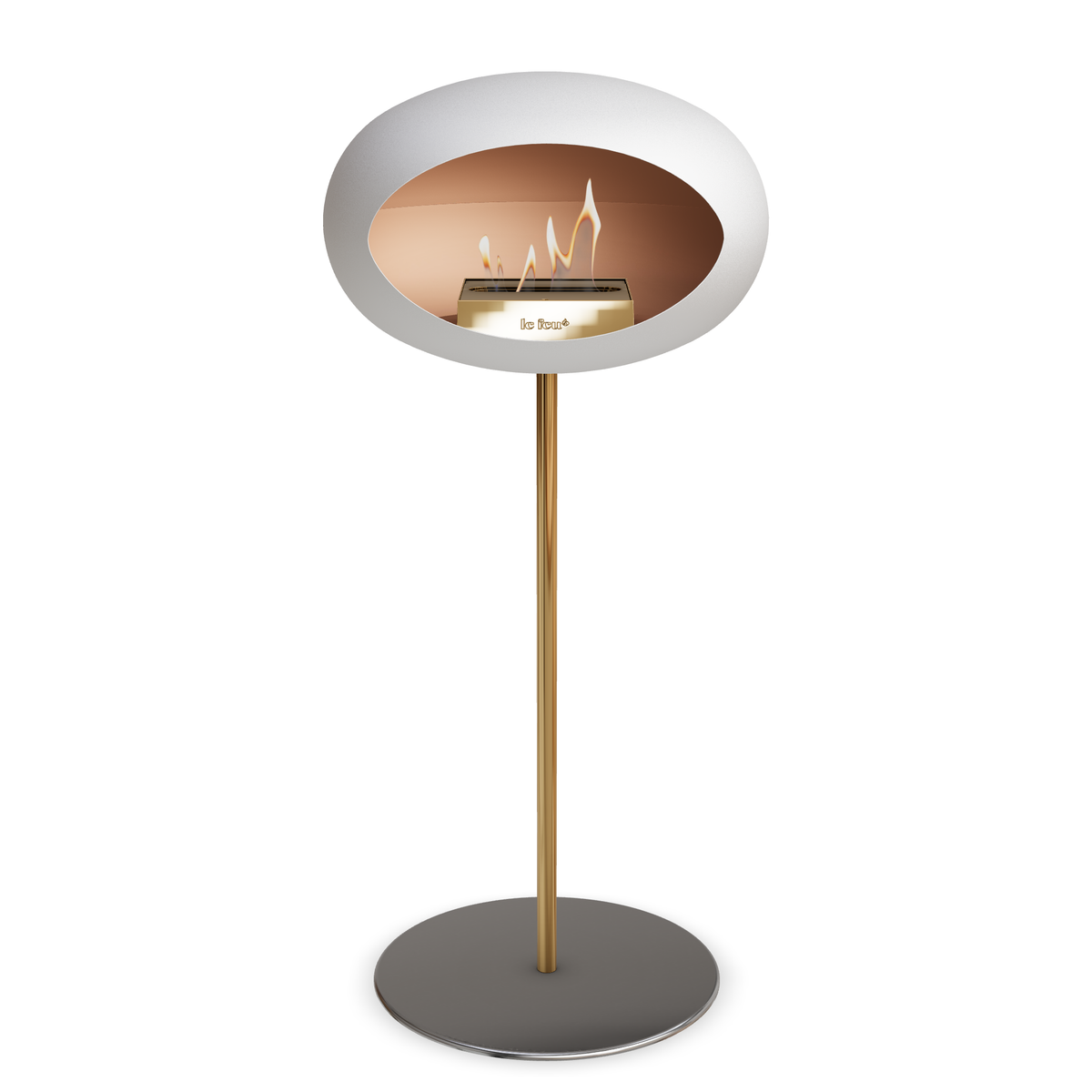 Bioethanol Standkamin Le Feu GROUND STEEL HIGH freistehend 25 mm in Weiss mit Rohr Roségold, Brenner Roségold und Bodenplatte Edelstahl