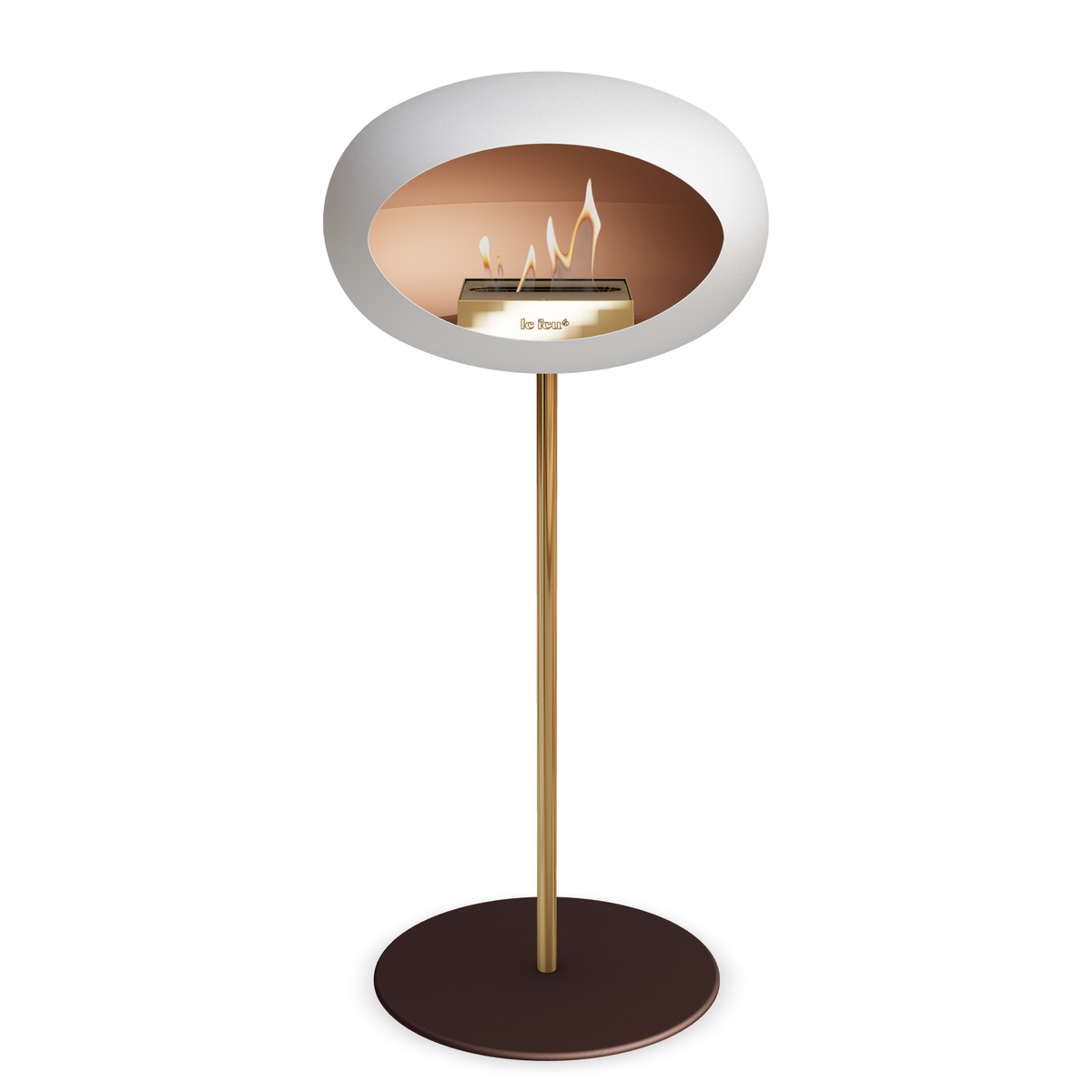 Bioethanol Standkamin Le Feu GROUND STEEL HIGH freistehend 25 mm in Weiss mit Rohr Roségold, Brenner Roségold und Bodenplatte Mokka