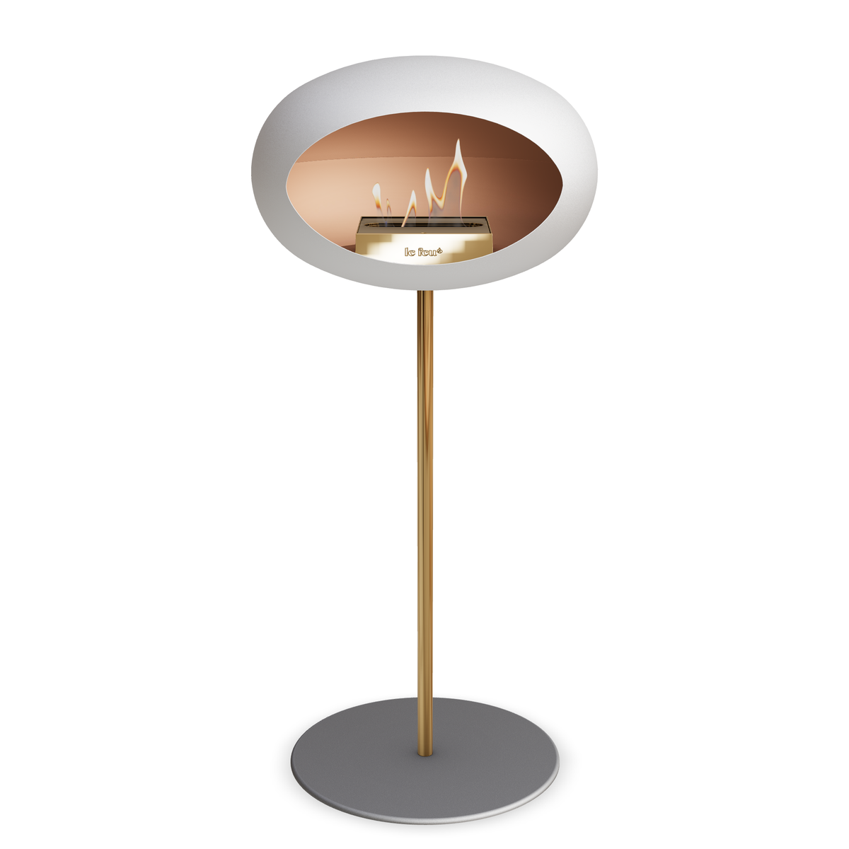 Bioethanol Standkamin Le Feu GROUND STEEL HIGH freistehend 25 mm in Weiss mit Rohr Roségold, Brenner Roségold und Bodenplatte Nickel