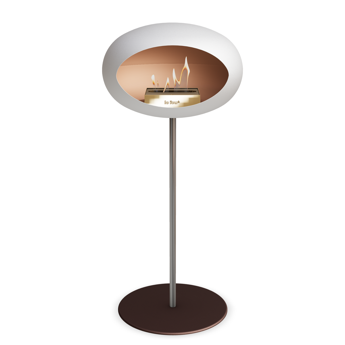 Bioethanol Standkamin Le Feu GROUND STEEL HIGH freistehend 25 mm in Weiss mit Rohr Edelstahl, Brenner Roségold und Bodenplatte Mokka
