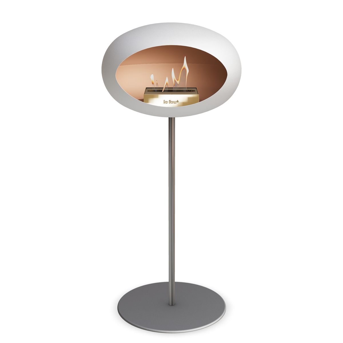 Bioethanol Standkamin Le Feu GROUND STEEL HIGH freistehend 25 mm in Weiss mit Rohr Edelstahl, Brenner Roségold und Bodenplatte Nickel