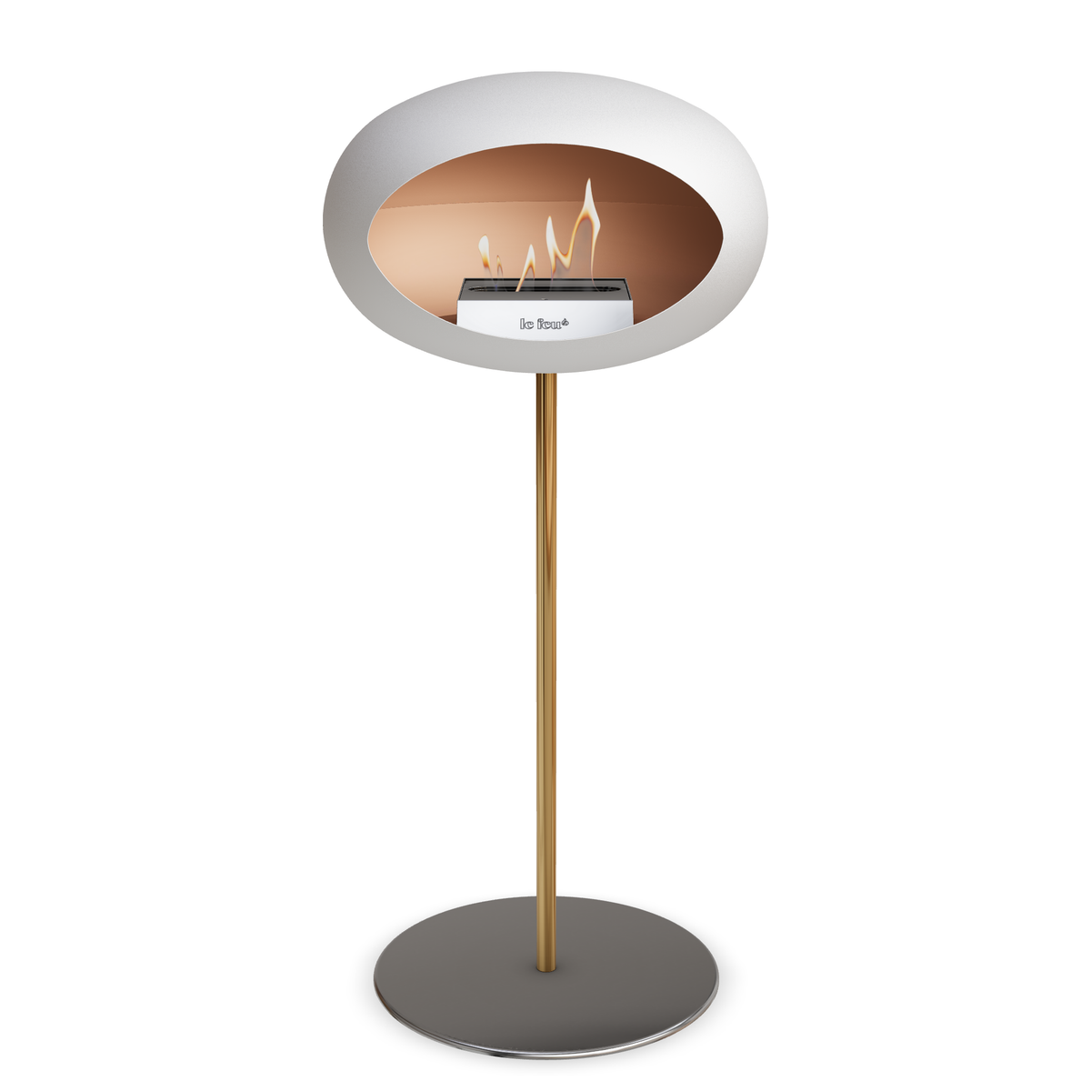 Bioethanol Standkamin Le Feu GROUND STEEL HIGH freistehend 25 mm in Weiss mit Rohr Roségold, Brenner Edelstahl und Bodenplatte Edelstahl