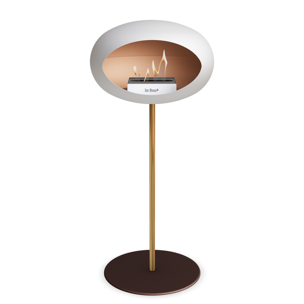 Bioethanol Standkamin Le Feu GROUND STEEL HIGH freistehend 25 mm in Weiss mit Rohr Roségold, Brenner Edelstahl und Bodenplatte Mokka