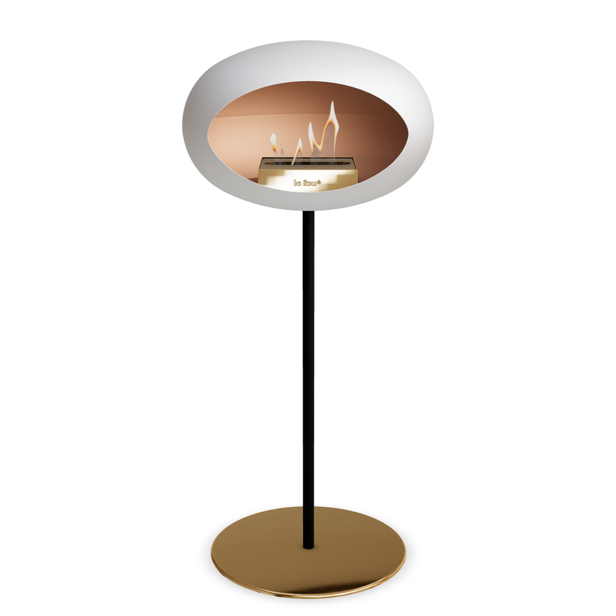 Bioethanol Standkamin Le Feu GROUND STEEL HIGH freistehend 25 mm in Weiss mit Rohr Schwarz, Brenner Roségold und Bodenplatte Roségold
