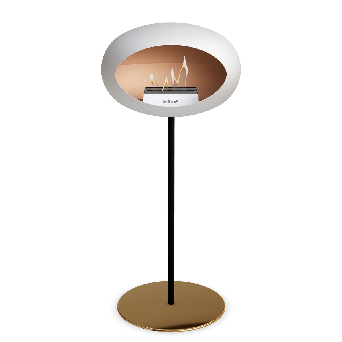 Bioethanol Standkamin Le Feu GROUND STEEL HIGH freistehend 25 mm in Weiss mit Rohr Schwarz, Brenner Edelstahl und Bodenplatte Roségold