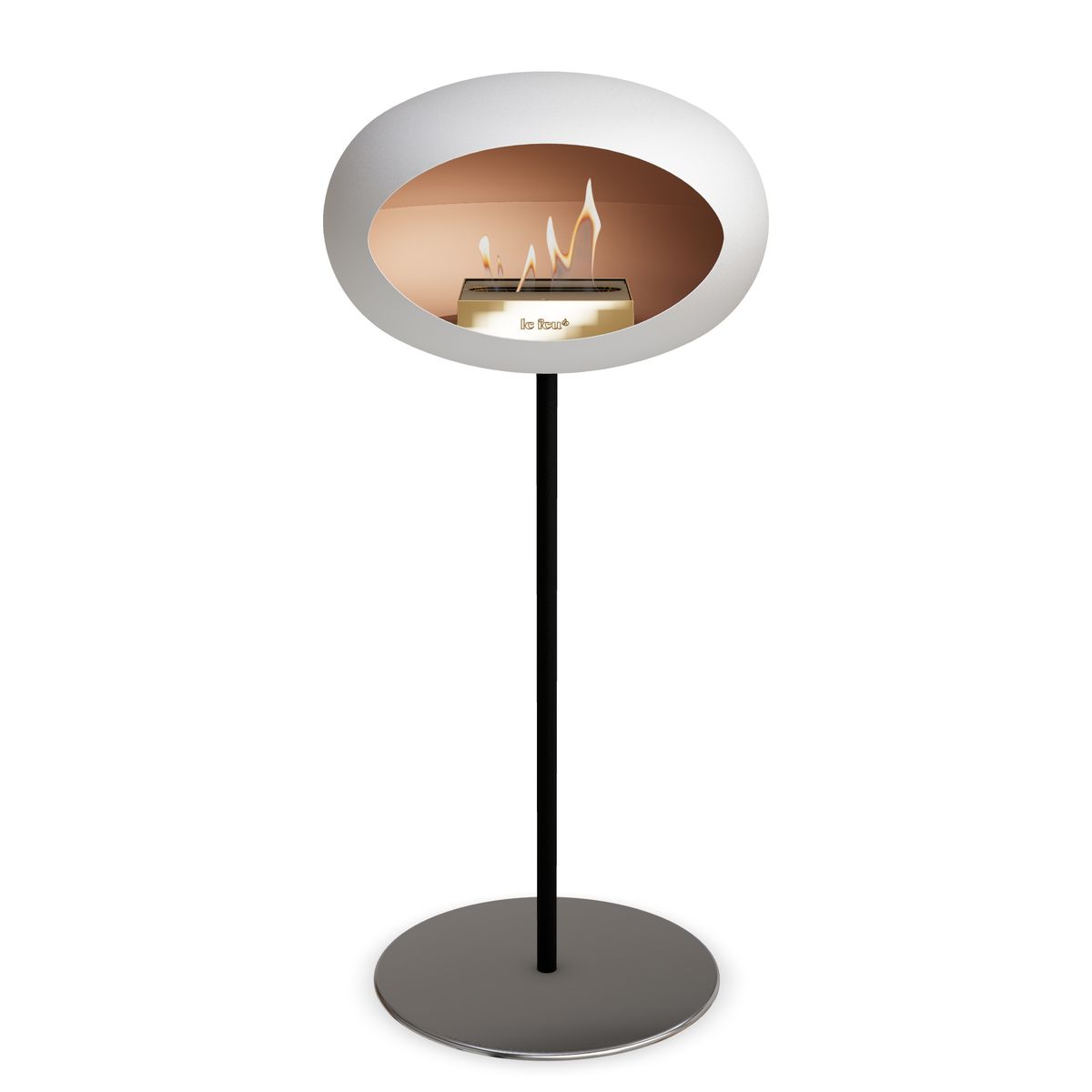Bioethanol Standkamin Le Feu GROUND STEEL HIGH freistehend 25 mm in Weiss mit Rohr Schwarz, Brenner Roségold und Bodenplatte Edelstahl