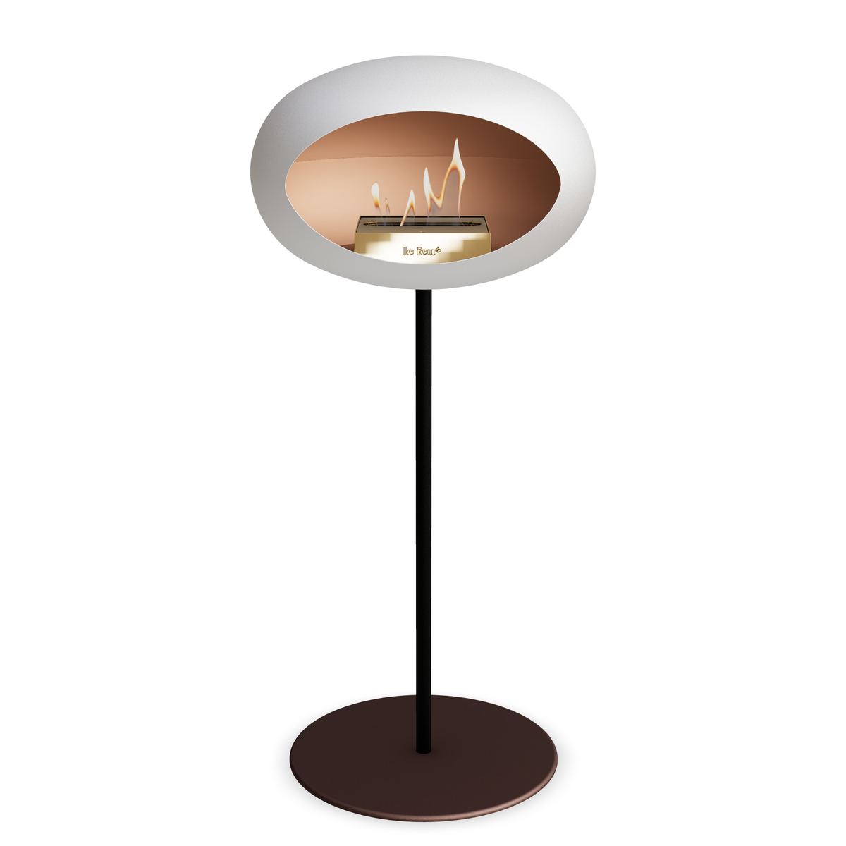 Bioethanol Standkamin Le Feu GROUND STEEL HIGH freistehend 25 mm in Weiss mit Rohr Schwarz, Brenner Roségold und Bodenplatte Mokka