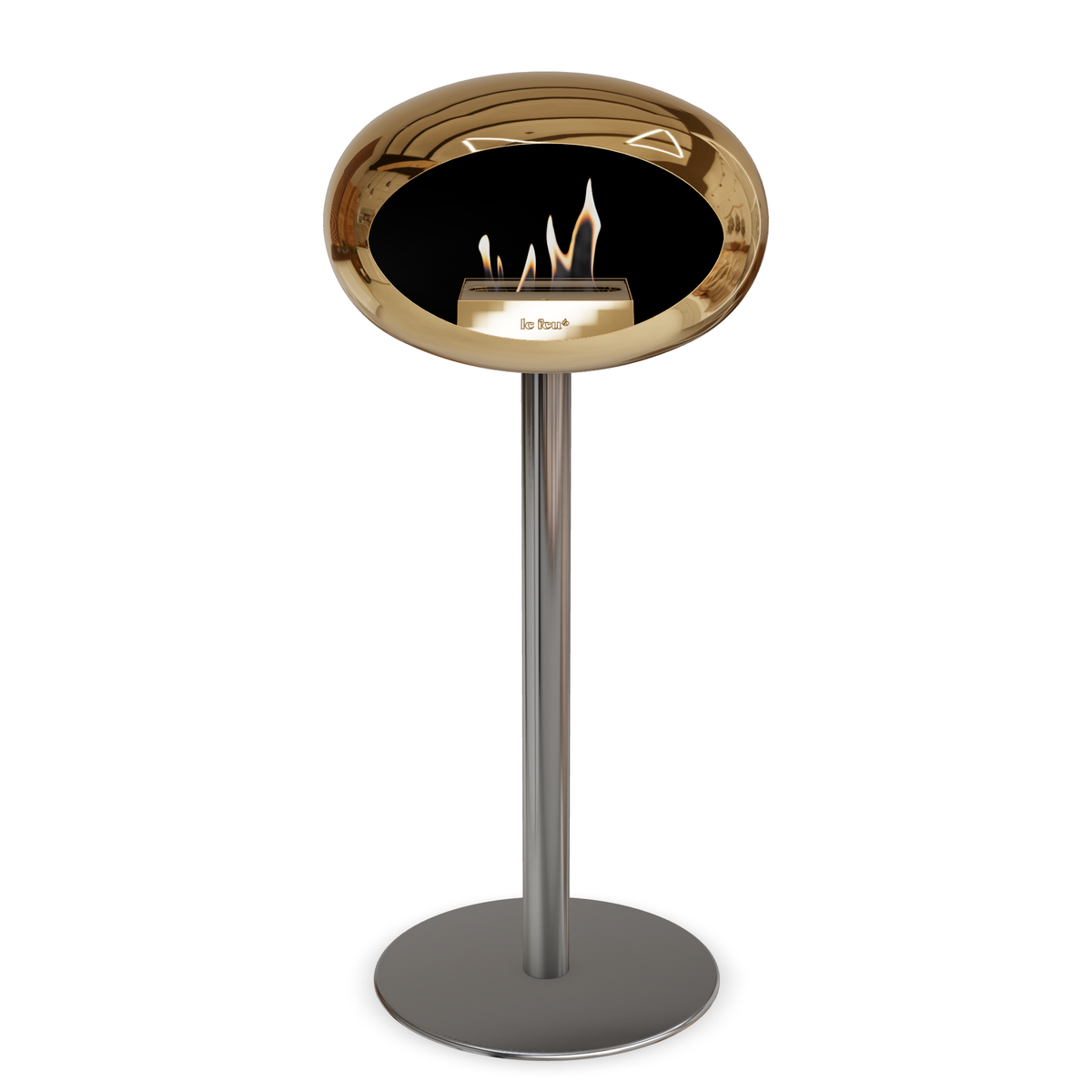 Bioethanol Standkamin Le Feu GROUND STEEL HIGH freistehend 60 mm in Chrom Roségold mit Rohr Edelstahl, Brenner Roségold und Bodenplatte Edelstahl