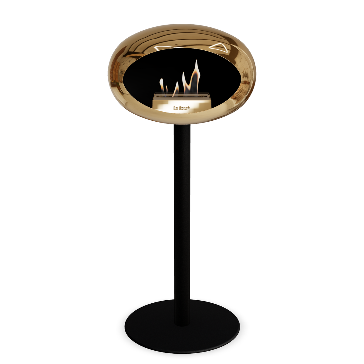 Bioethanol Standkamin Le Feu GROUND STEEL HIGH freistehend 60 mm in Chrom Roségold mit Rohr Schwarz, Brenner Roségold und Bodenplatte Schwarz