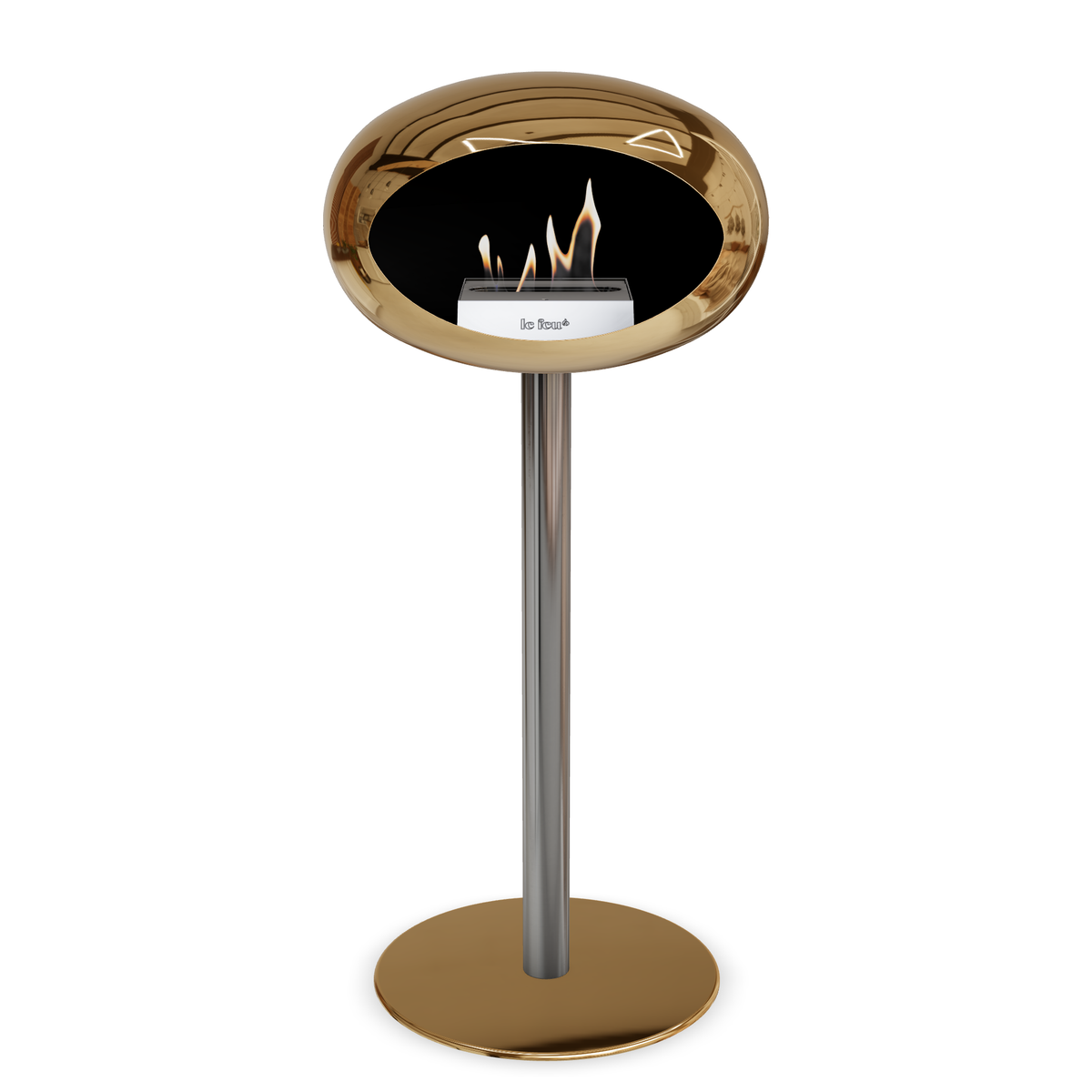 Bioethanol Standkamin Le Feu GROUND STEEL HIGH freistehend 60 mm in Chrom Roségold mit Rohr Edelstahl, Brenner Edelstahl und Bodenplatte Roségold