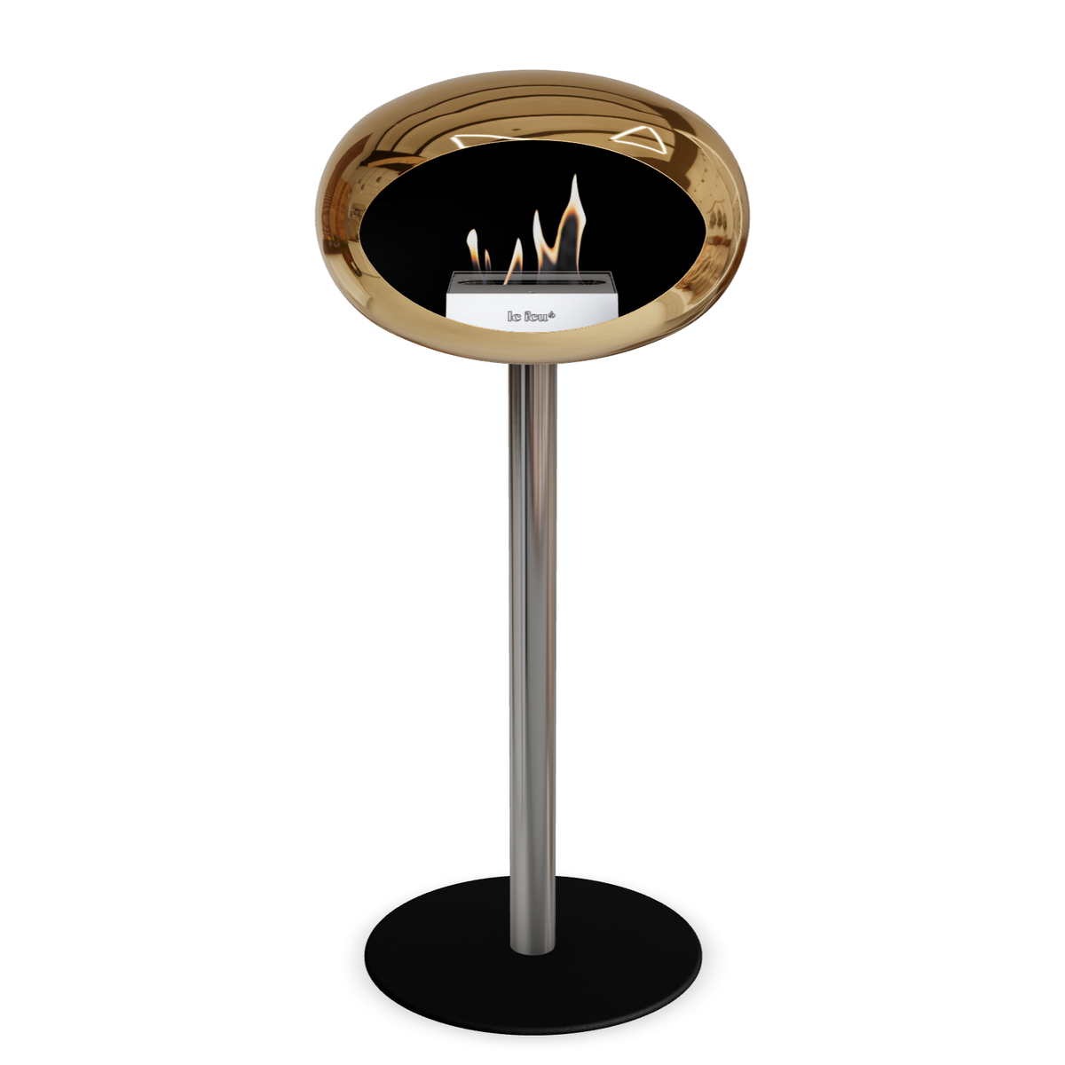 Bioethanol Standkamin Le Feu GROUND STEEL HIGH freistehend 60 mm in Chrom Roségold mit Rohr Edelstahl, Brenner Edelstahl und Bodenplatte Schwarz