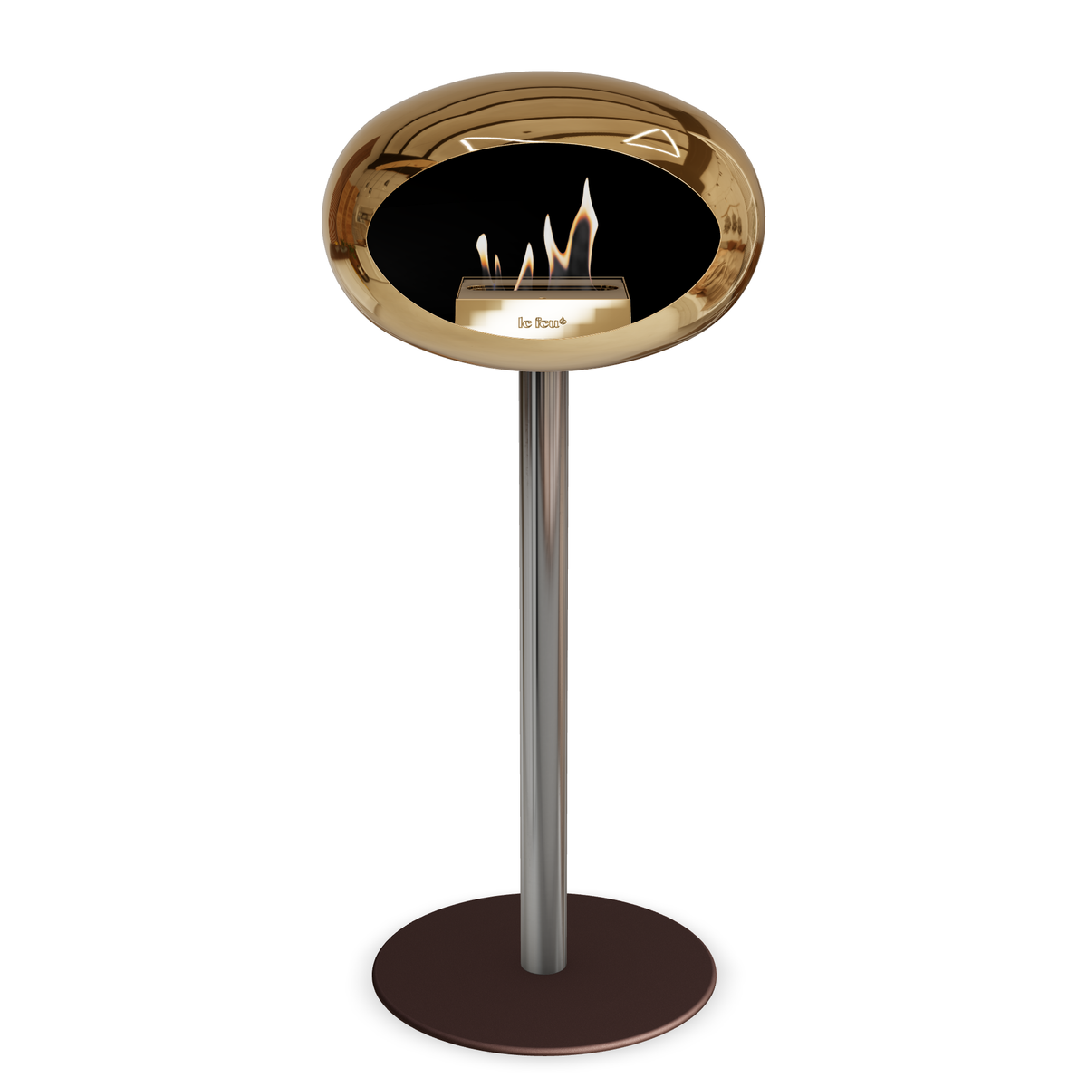Bioethanol Standkamin Le Feu GROUND STEEL HIGH freistehend 60 mm in Chrom Roségold mit Rohr Edelstahl, Brenner Roségold und Bodenplatte Mokka
