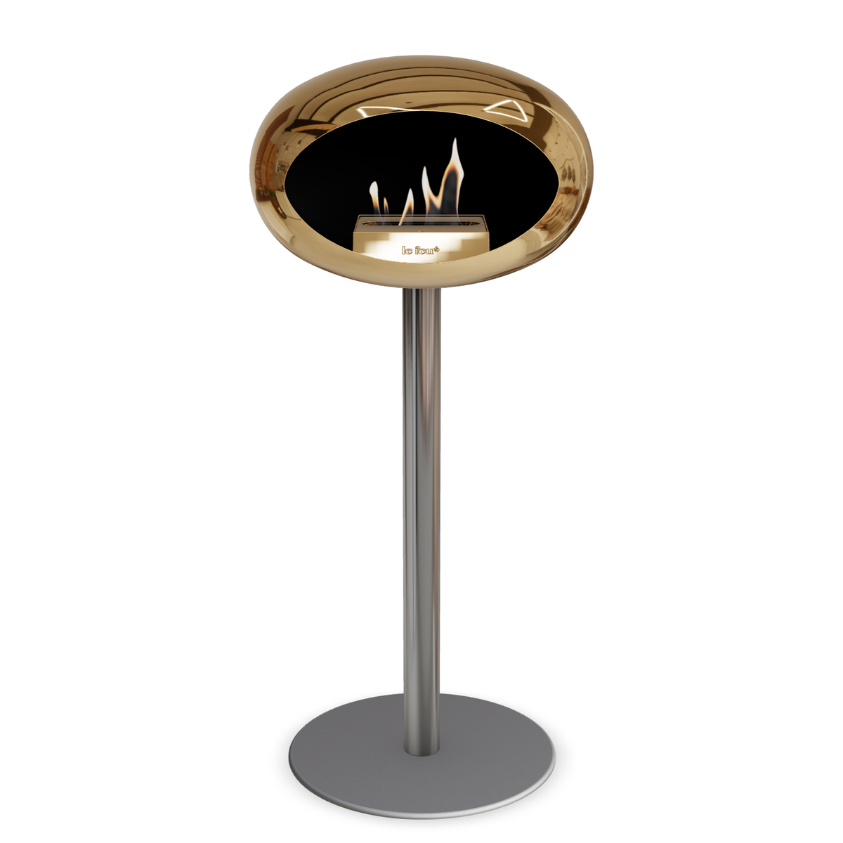 Bioethanol Standkamin Le Feu GROUND STEEL HIGH freistehend 60 mm in Chrom Roségold mit Rohr Edelstahl, Brenner Roségold und Bodenplatte Nickel