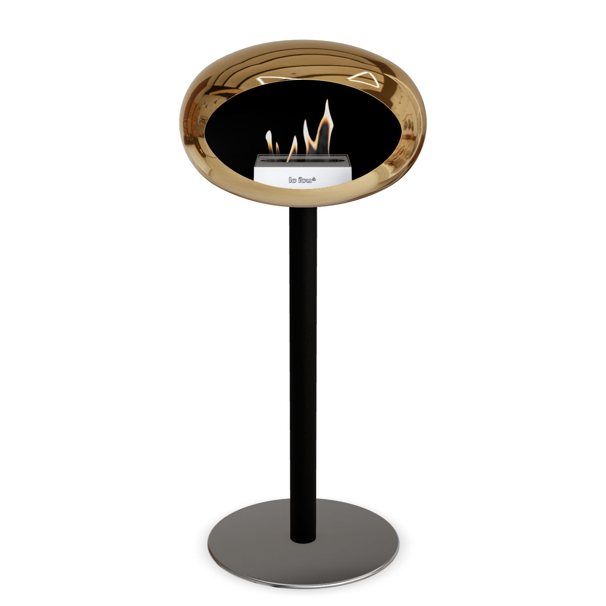 Bioethanol Standkamin Le Feu GROUND STEEL HIGH freistehend 60 mm in Chrom Roségold mit Rohr Schwarz, Brenner Edelstahl und Bodenplatte Edelstahl