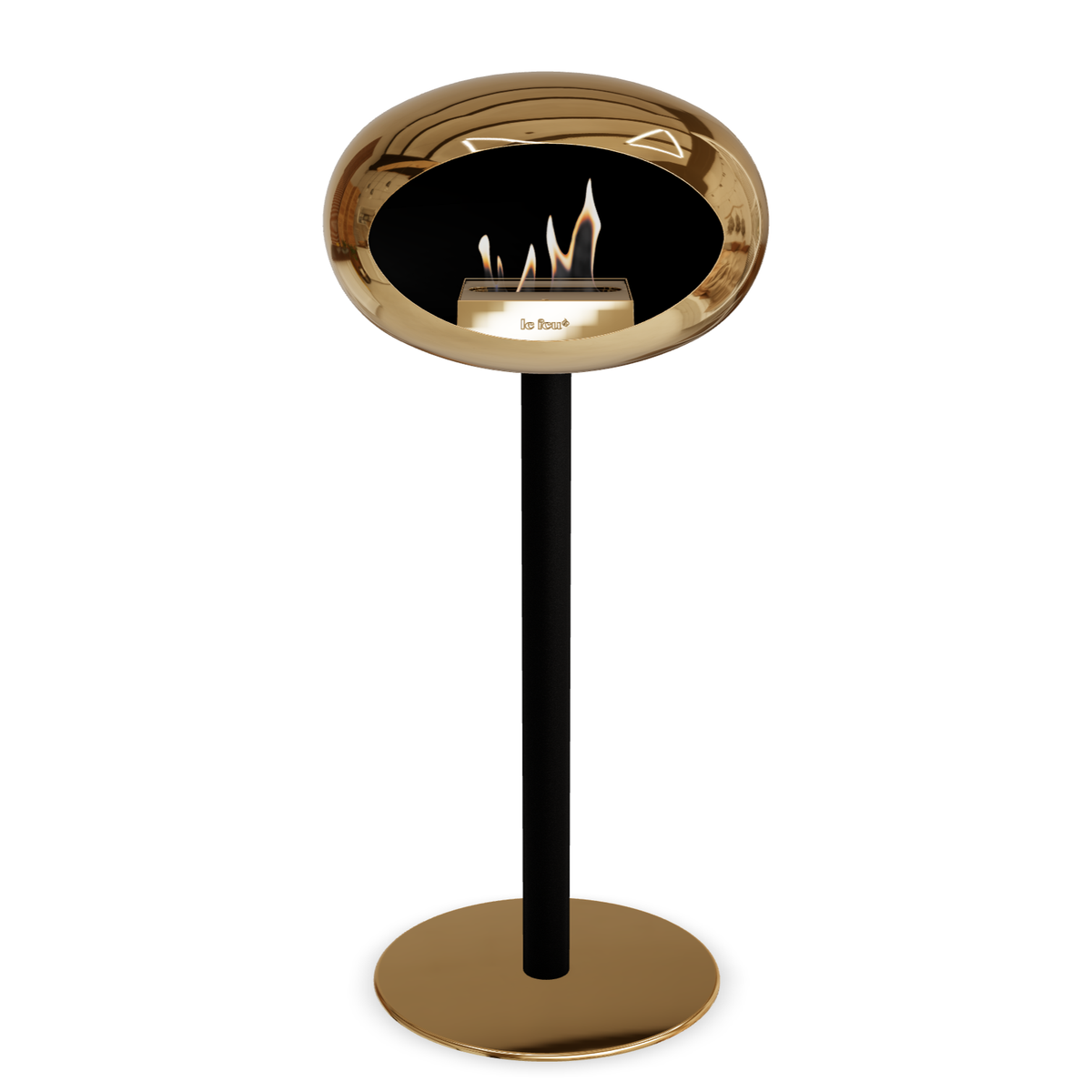 Bioethanol Standkamin Le Feu GROUND STEEL HIGH freistehend 60 mm in Chrom Roségold mit Rohr Schwarz, Brenner Roségold und Bodenplatte Roségold