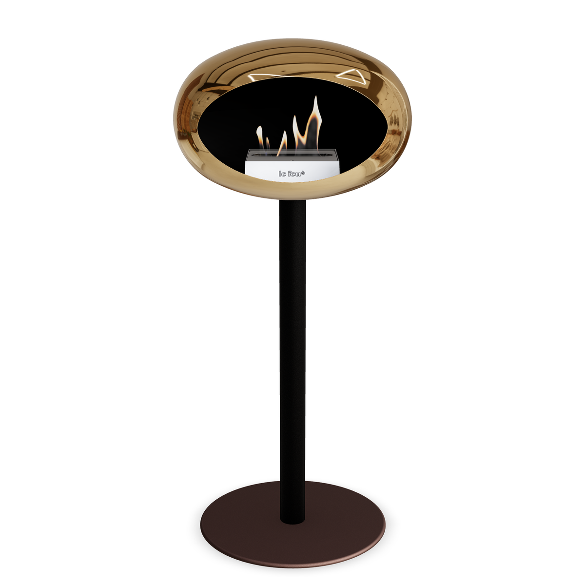 Bioethanol Standkamin Le Feu GROUND STEEL HIGH freistehend 60 mm in Chrom Roségold mit Rohr Schwarz, Brenner Edelstahl und Bodenplatte Mokka