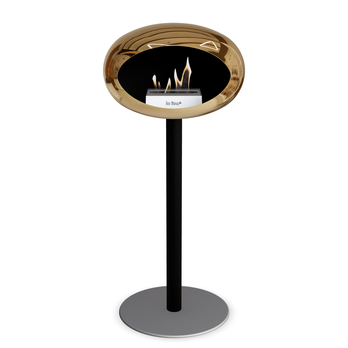 Bioethanol Standkamin Le Feu GROUND STEEL HIGH freistehend 60 mm in Chrom Roségold mit Rohr Schwarz, Brenner Edelstahl und Bodenplatte Nickel